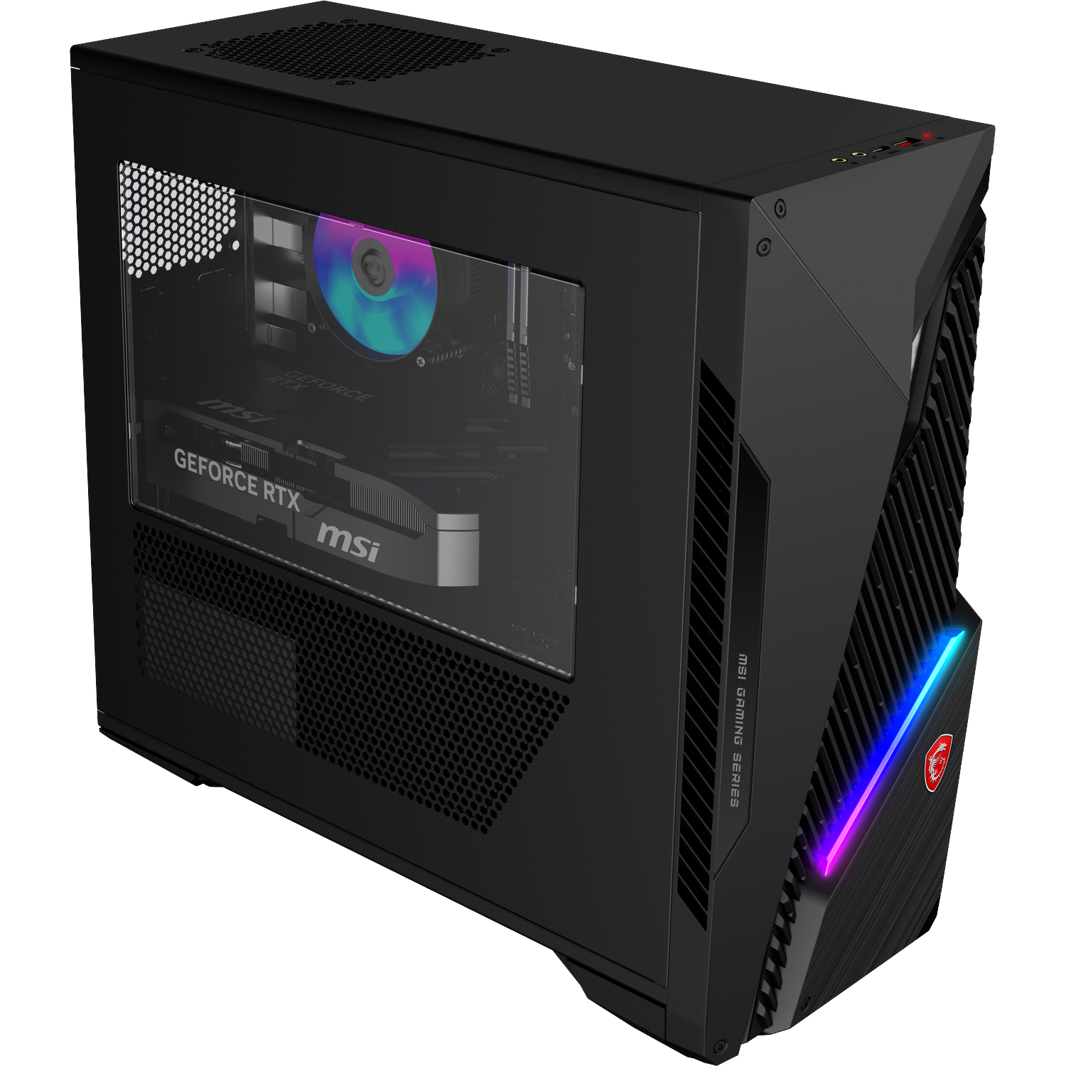 Een zwarte MSI gaming-pc met glazen zijpaneel toont RGB-fans, een GeForce RTX-videokaart en kleurrijke verlichting.