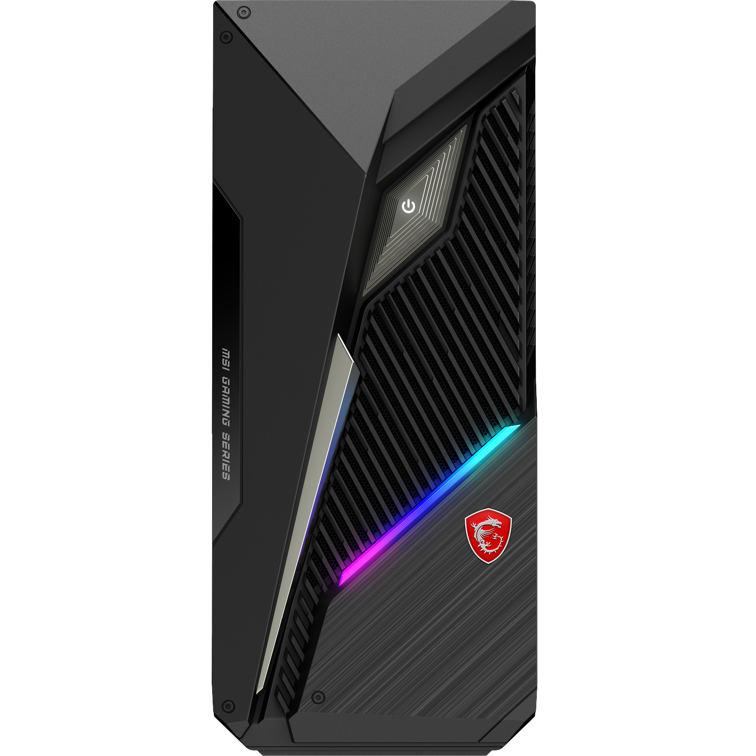 Zwarte MSI gaming pc-behuizing met rood logo en blauw-paarse LED-verlichting.