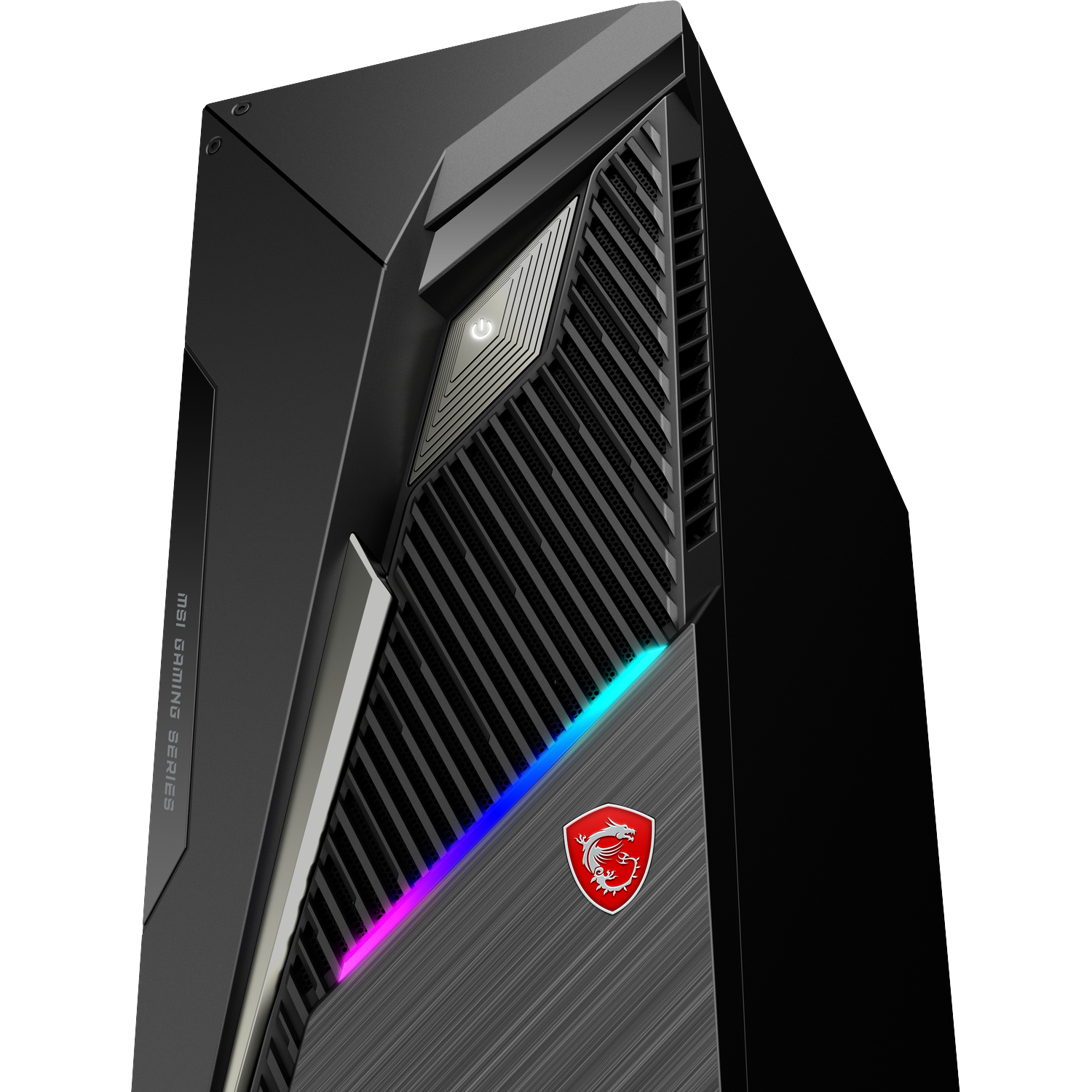Zwarte MSI gaming PC-toren met LED-verlichting en een rood drakenlogo tegen een zwarte achtergrond.