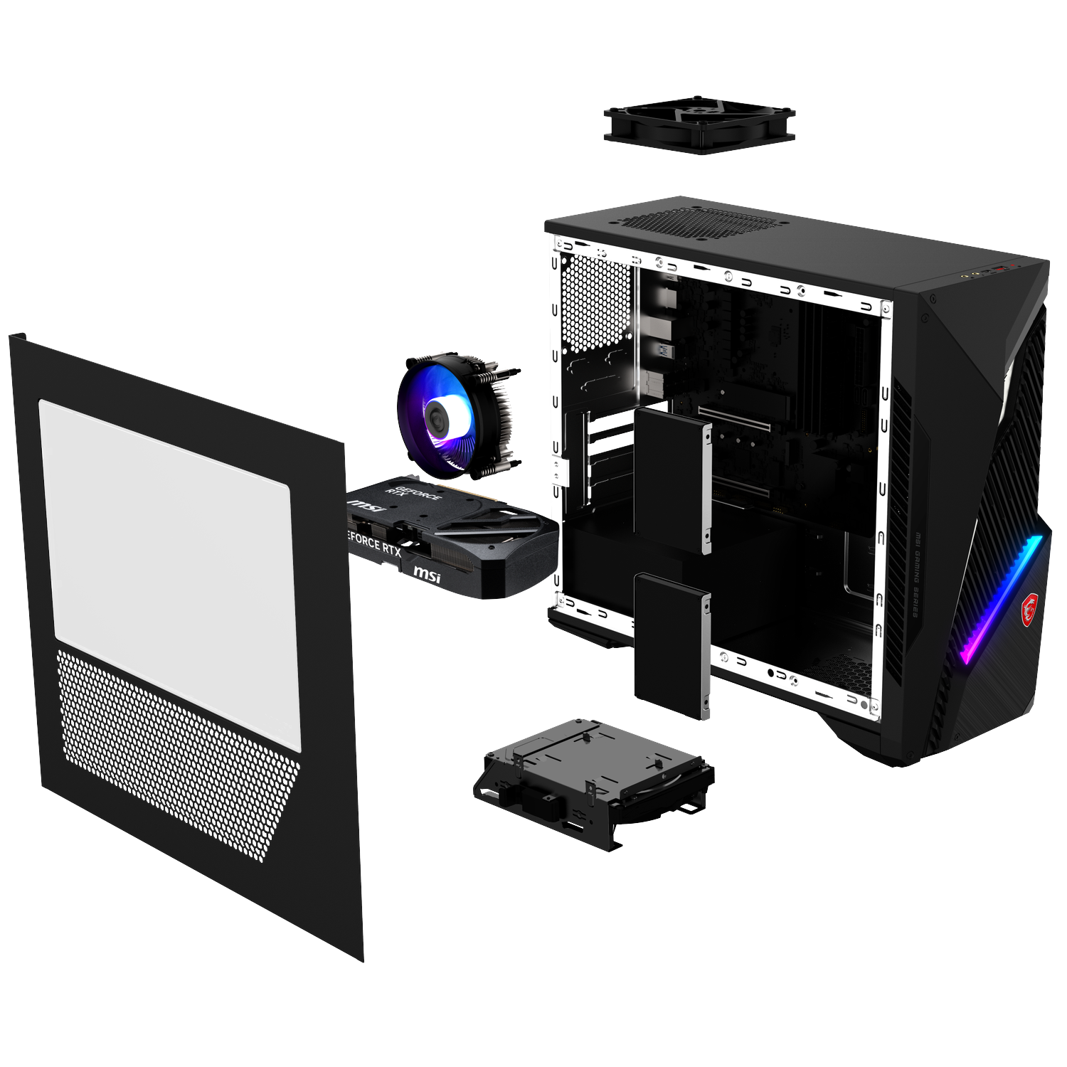 Exploded view van een zwarte gaming PC-behuizing met componenten zoals ventilator, videokaart en drives.