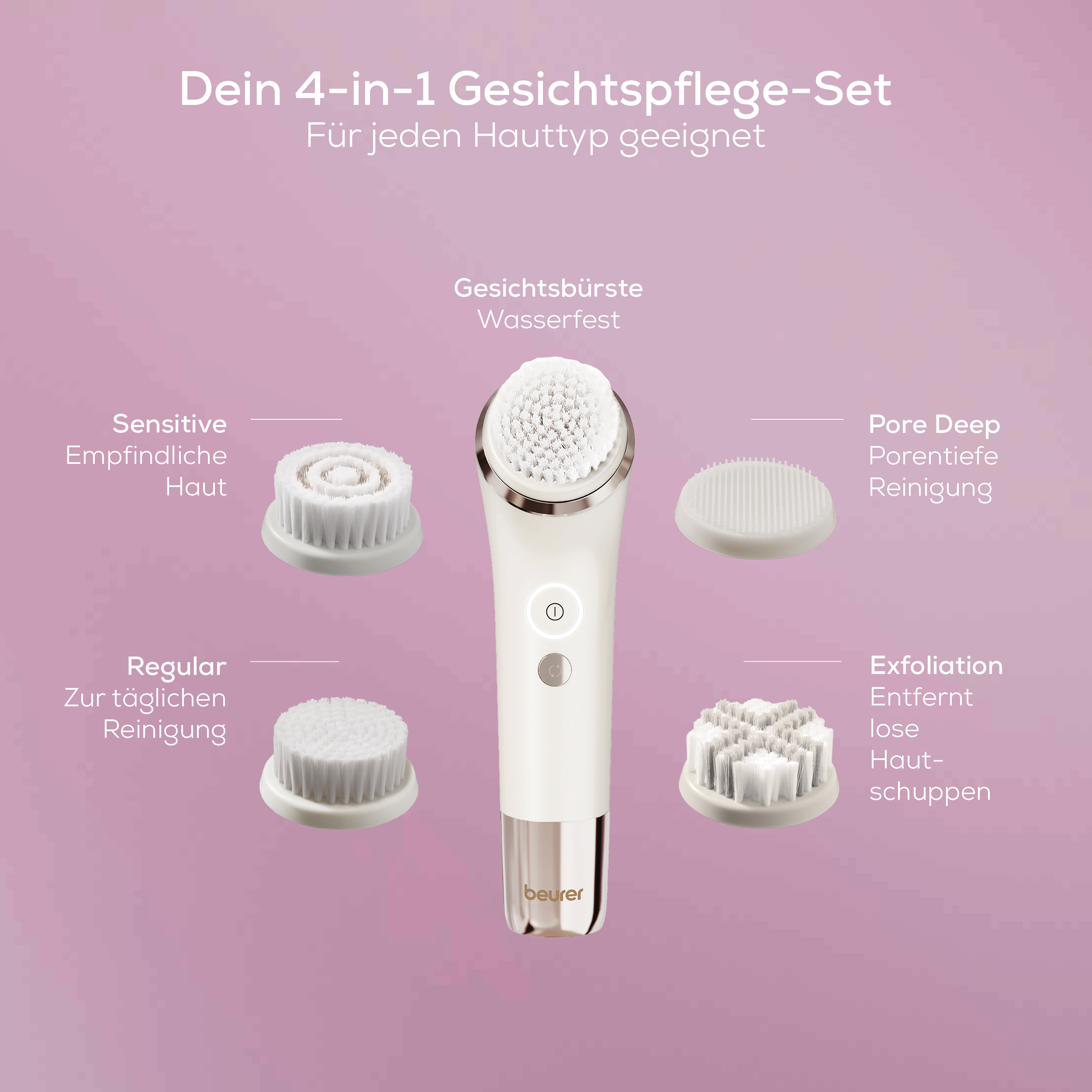 Ein weiß-goldenes 4-in-1 Gesichtspflege-Set mit vier verschiedenen Aufsätzen vor rosa Hintergrund.