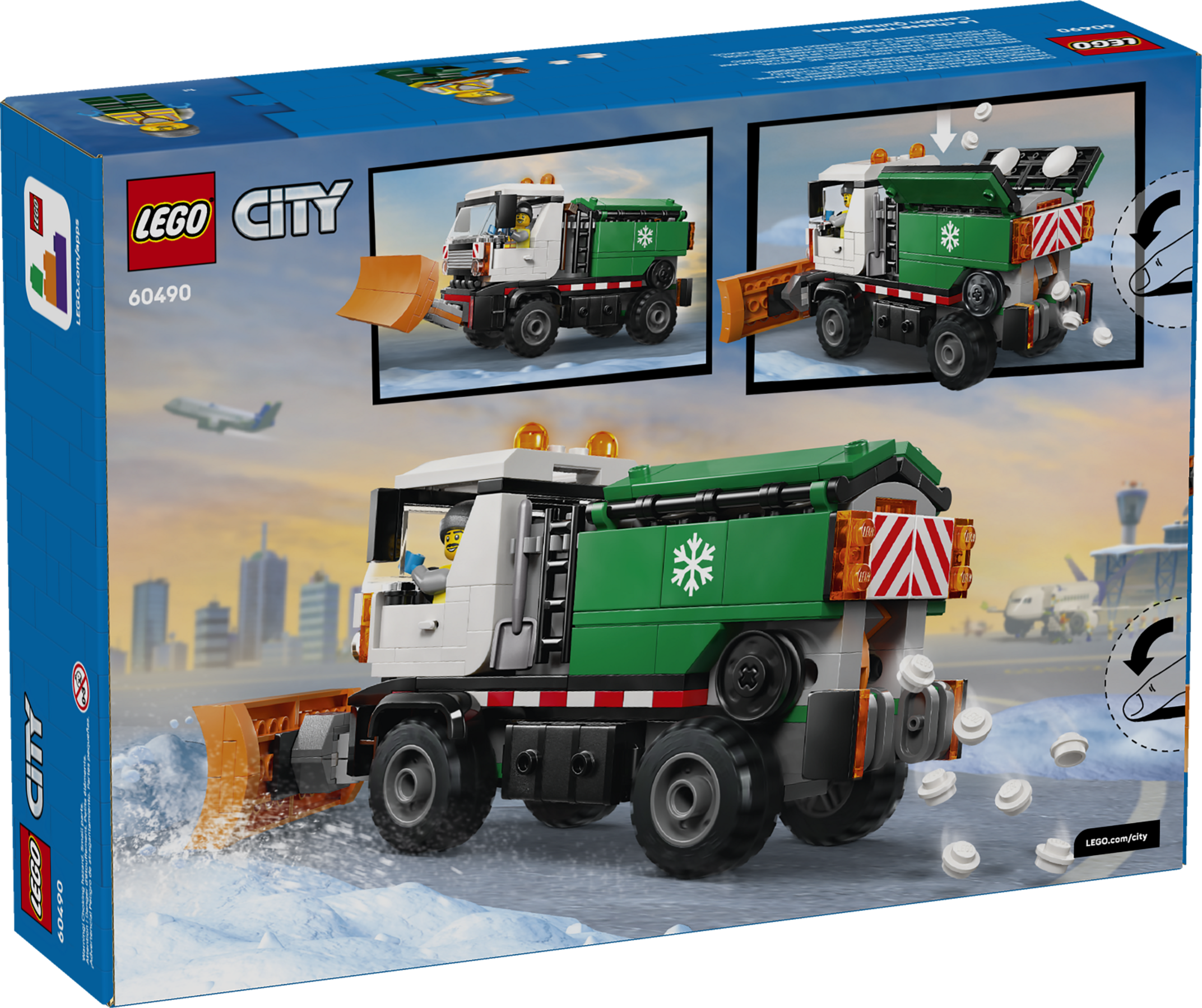 Chasse-neige LEGO City avec carrosserie verte, lame avant et boules de neige sur route glacée.
