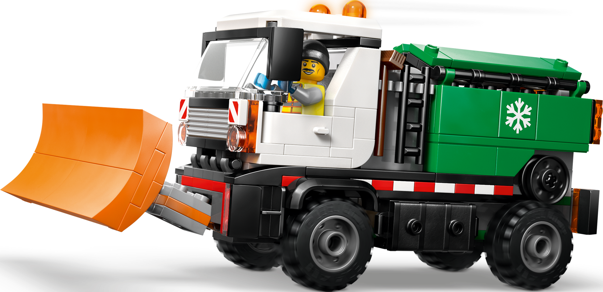Camion chasse-neige Lego avec cabine blanche, arrière vert avec flocon et un conducteur sur fond noir.