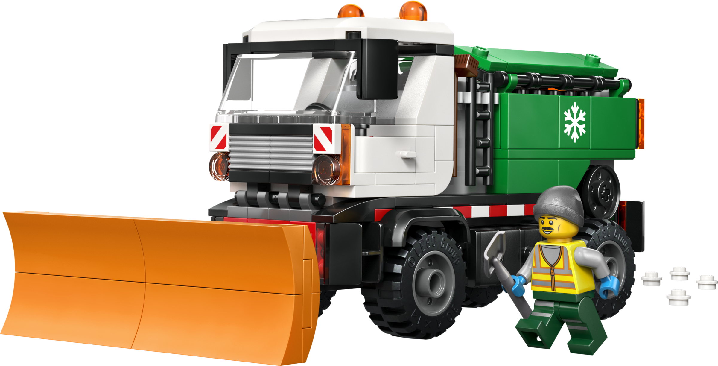 Un camion chasse-neige Lego avec une lame orange et une figurine d'ouvrier tenant une pelle sur fond noir.