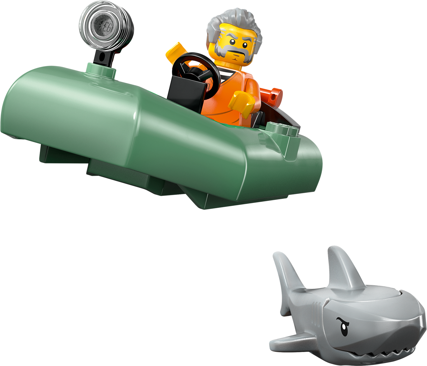 Eine Lego-Minifigur mit grauen Haaren und Bart fährt in einem grünen Boot, darunter ein grauer Haifisch.