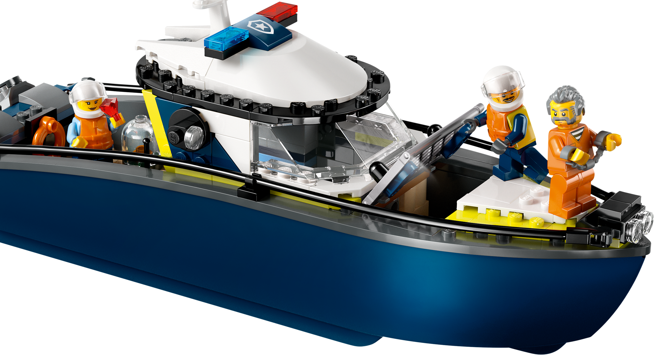 Ein Lego-Polizeiboot mit Minifiguren vor schwarzem Hintergrund.