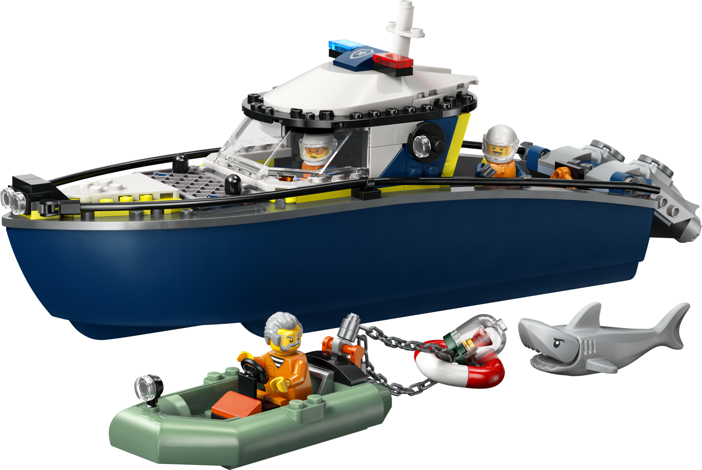 Lego-Polizeiboot mit Minifiguren, einem Beiboot mit Kriminellem und einem Haifisch auf schwarzem Hintergrund.