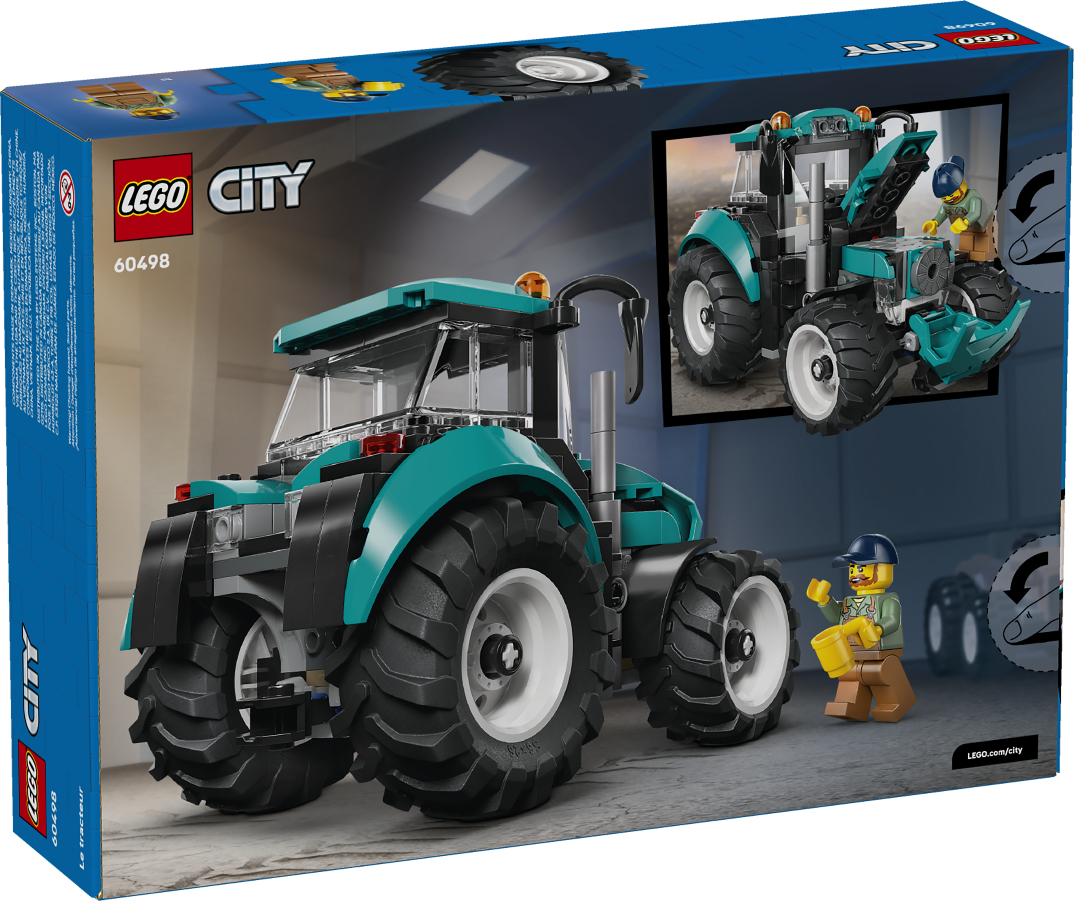 Set Lego City 60498 montrant un tracteur turquoise avec de grandes roues et une figurine.