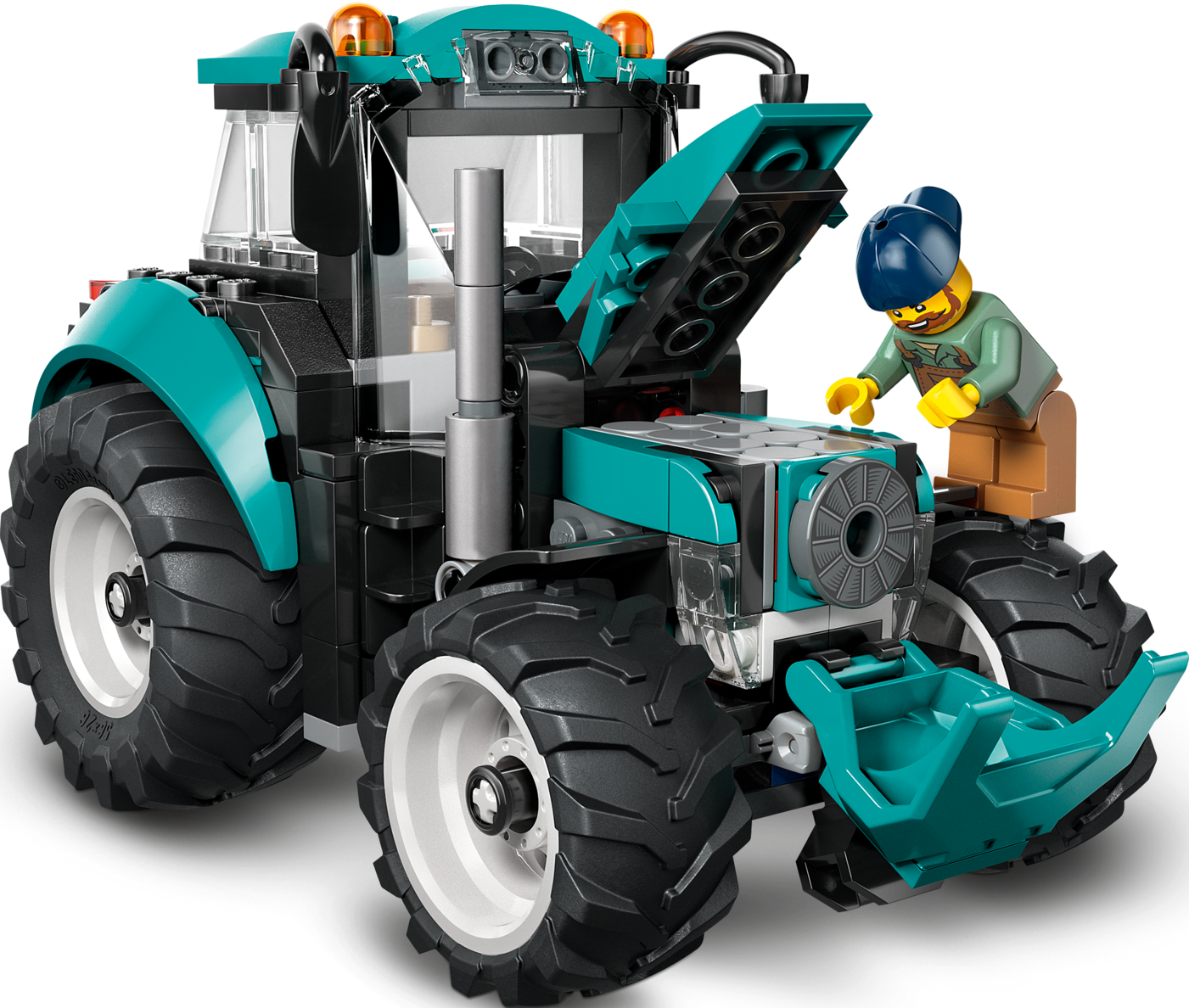 Une figurine Lego répare un tracteur jouet turquoise et noir.