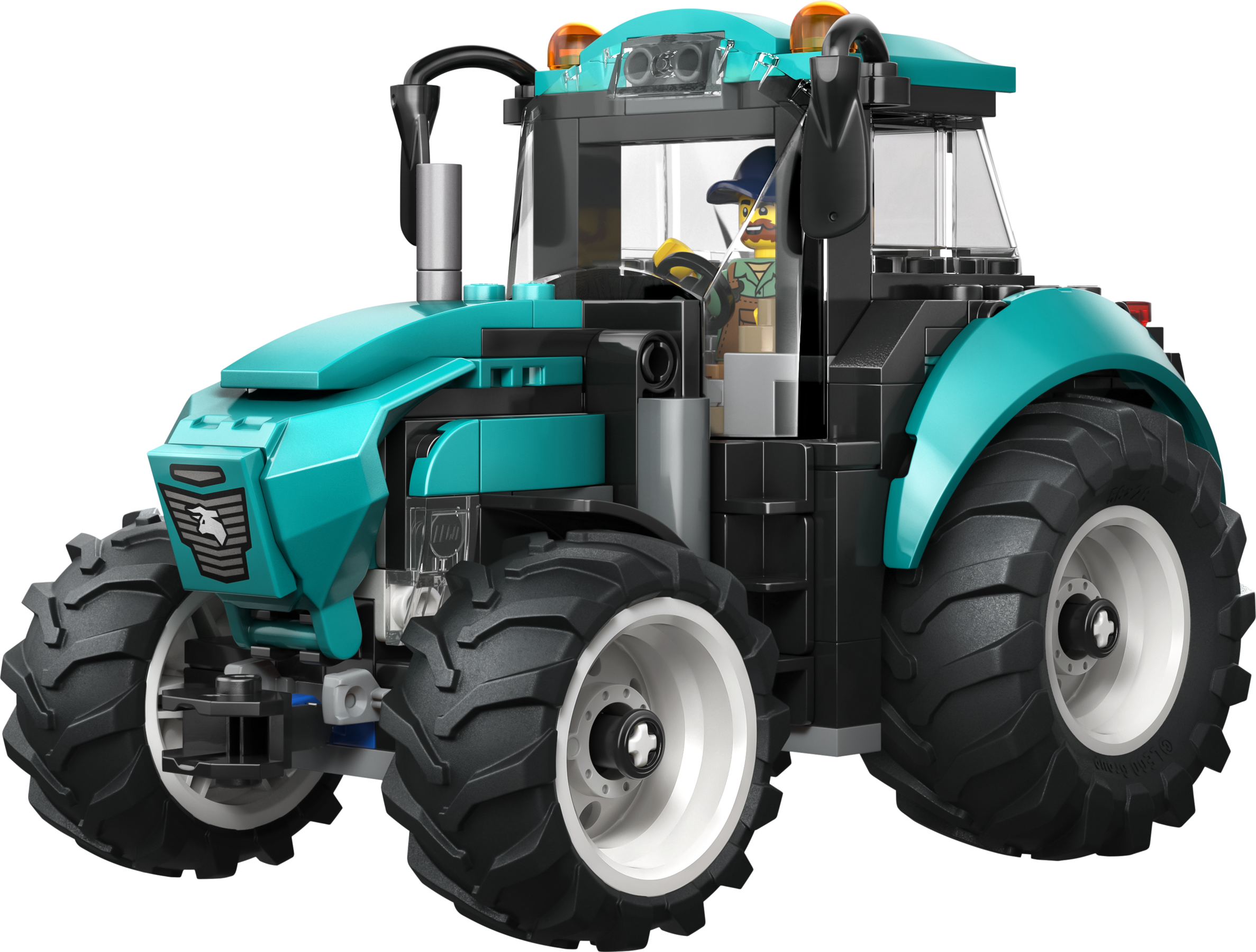 Un tracteur Lego turquoise avec de gros pneus et une figurine dans la cabine sur fond noir.