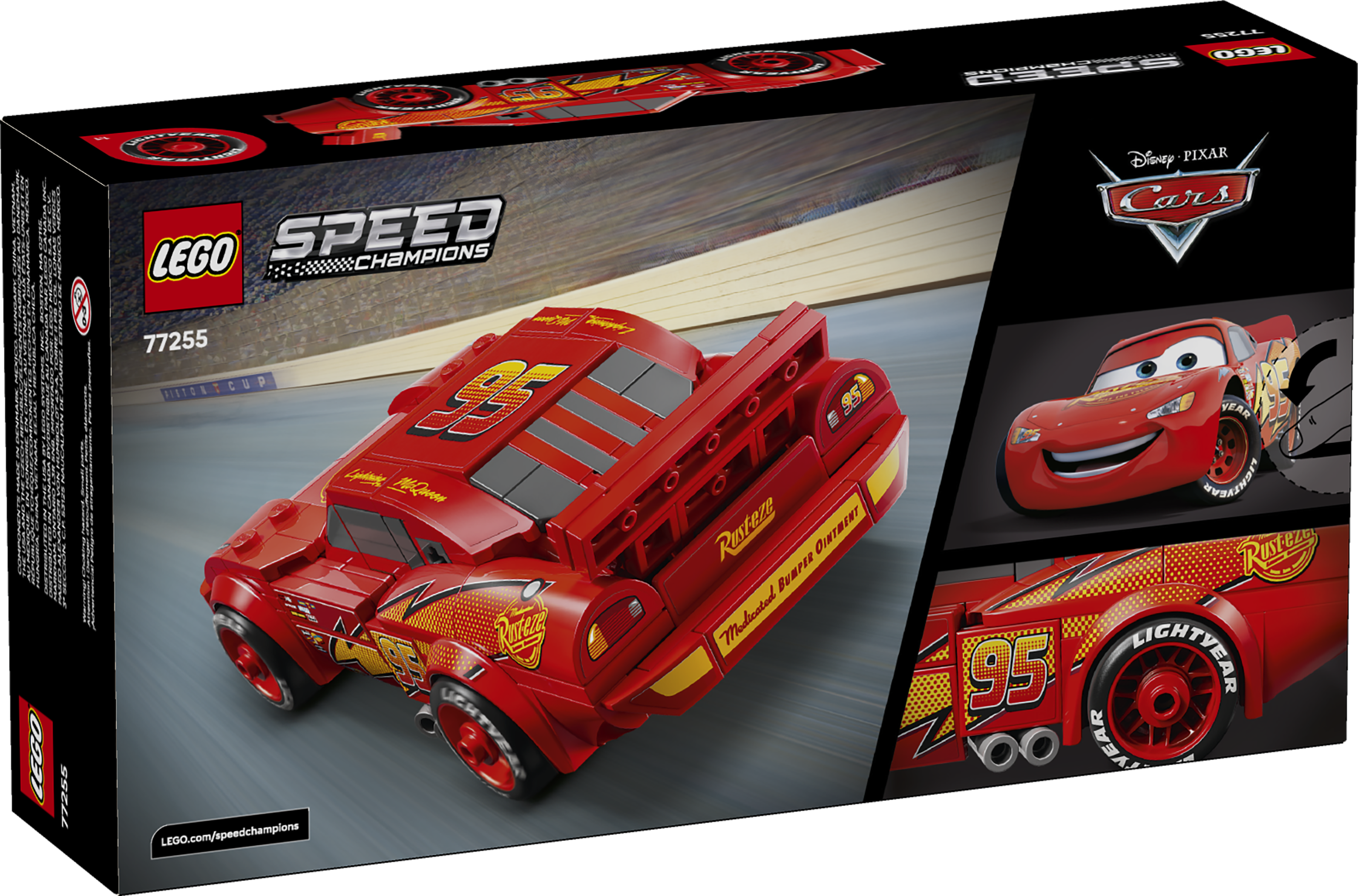 Boîte LEGO Speed Champions montrant la voiture rouge Flash McQueen de Disney Cars sur un circuit.