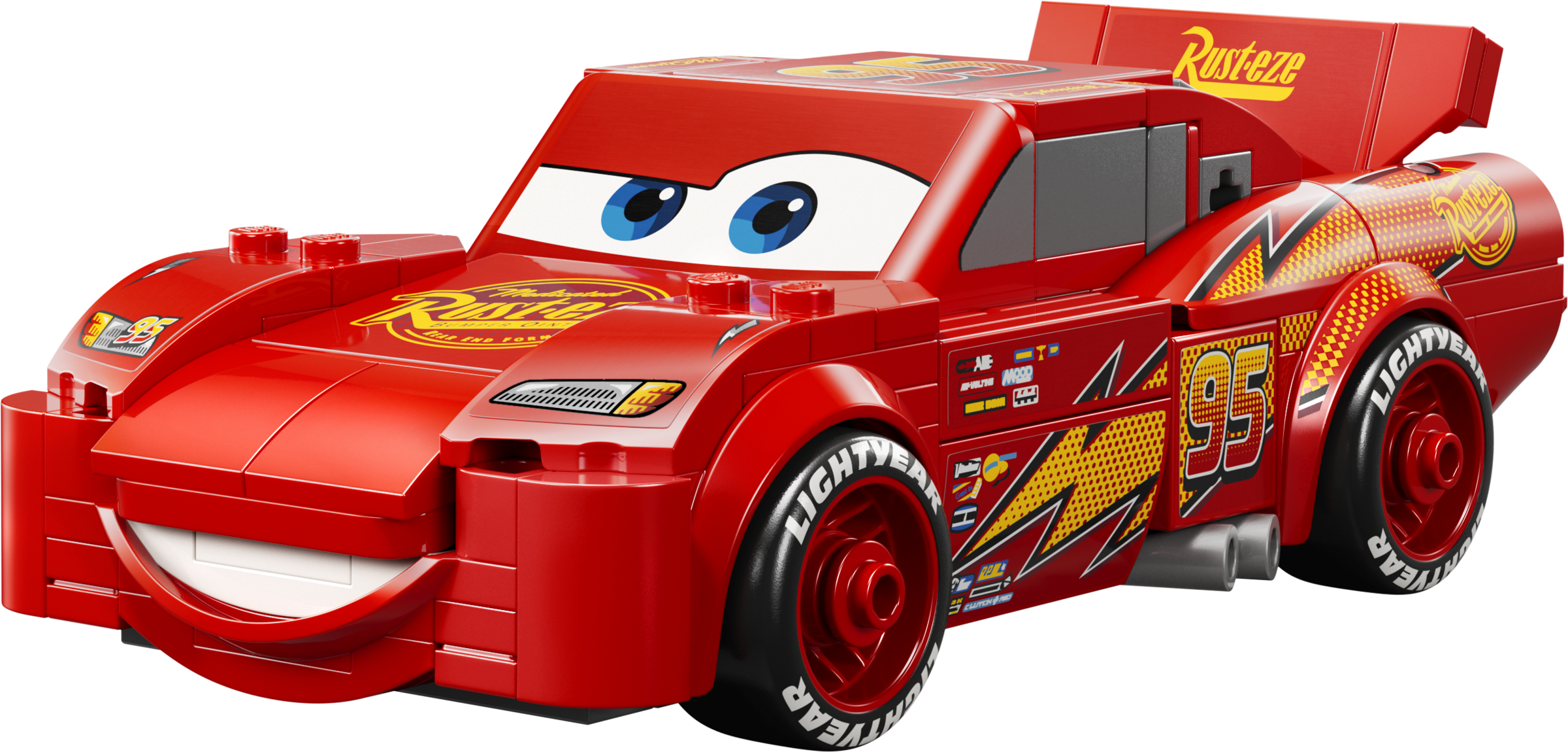 Une voiture Lego Flash McQueen rouge avec le numéro 95, de grands yeux bleus et la marque Rust-eze.
