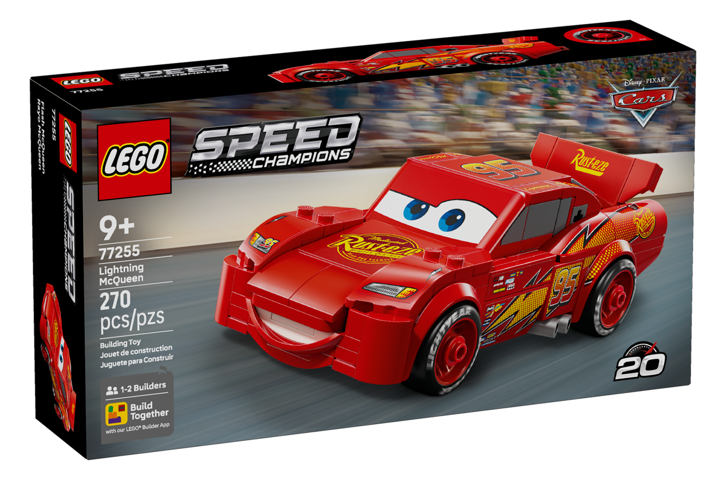 Boîte LEGO Speed Champions 77255 avec une voiture rouge Lightning McQueen de Disney Pixar Cars à construire sur fond de piste.