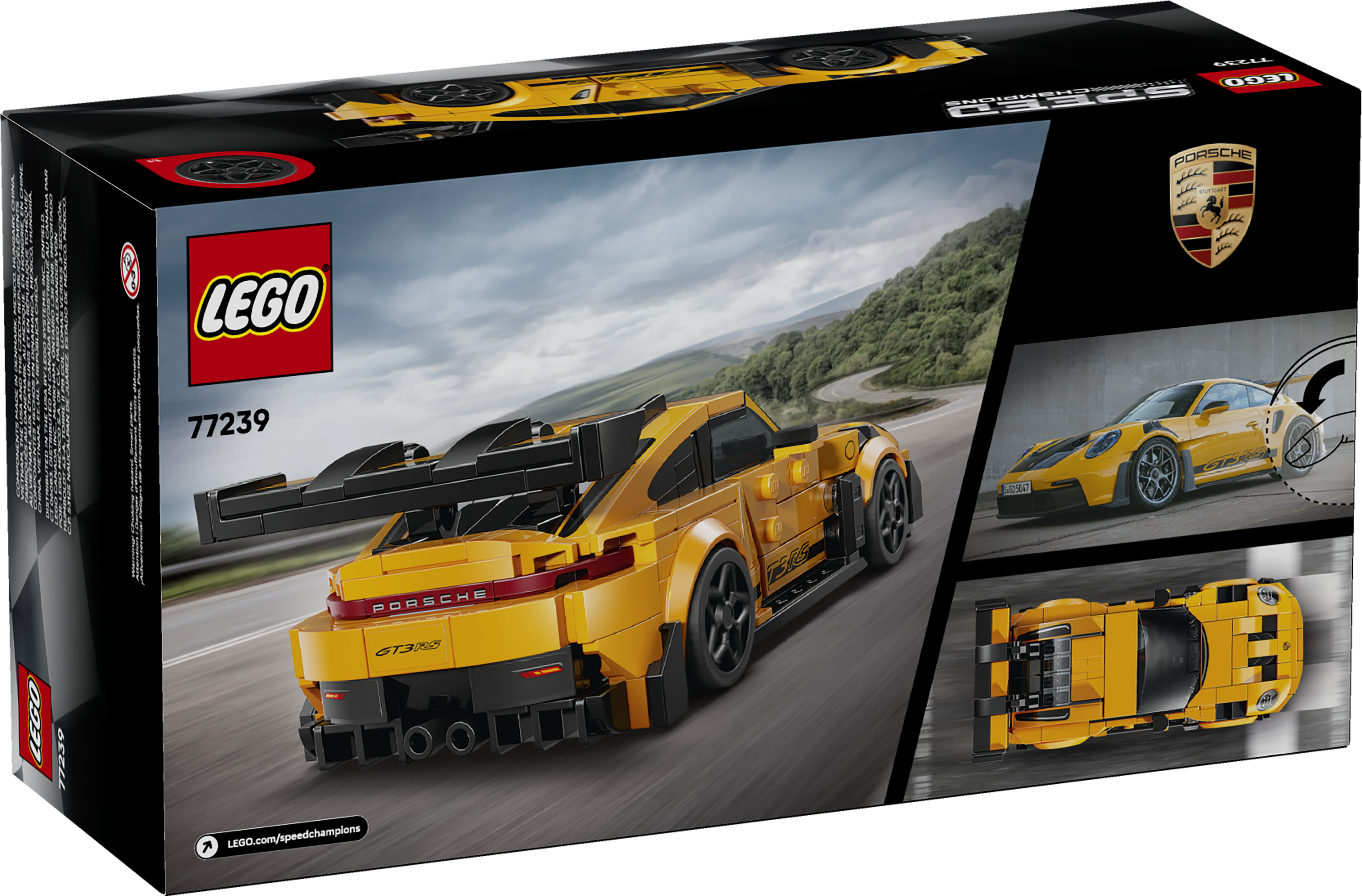 Scatola del set LEGO Speed Champions Porsche GT3 RS con il modello giallo in azione.