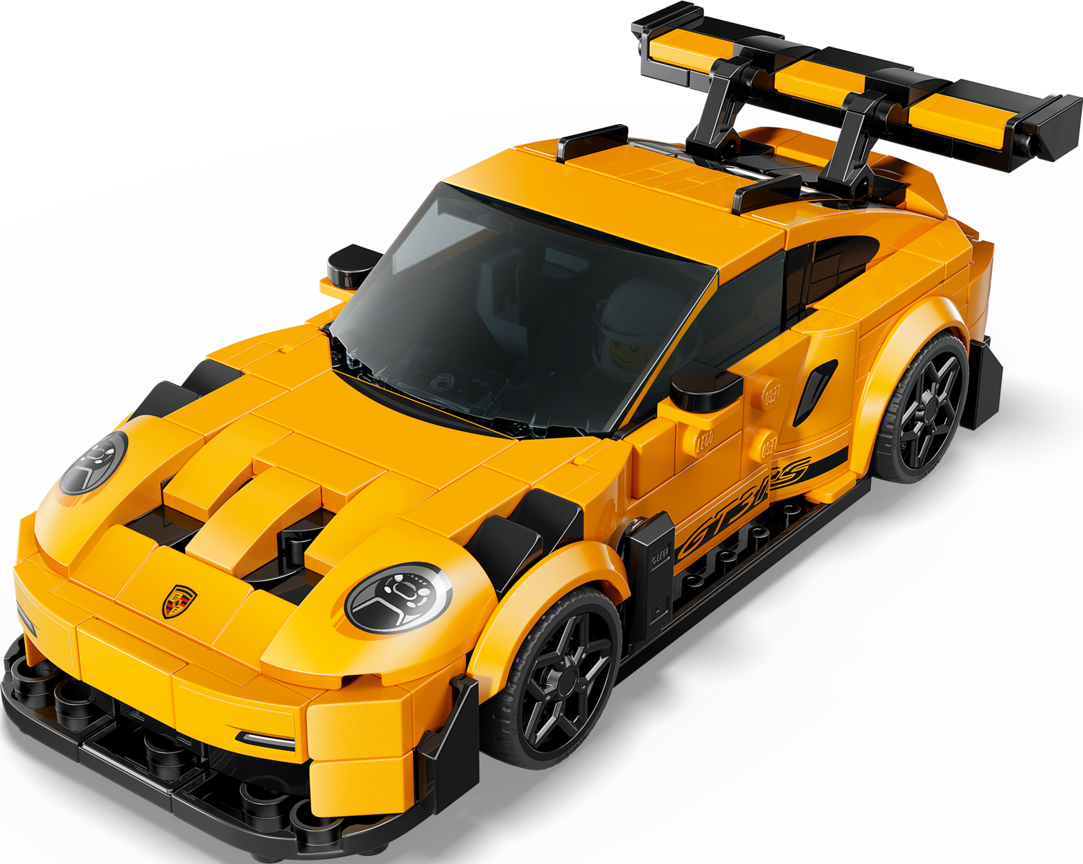 Un'auto da corsa Lego Porsche 911 GT3 RS gialla con dettagli neri e un grande alettone su sfondo nero.