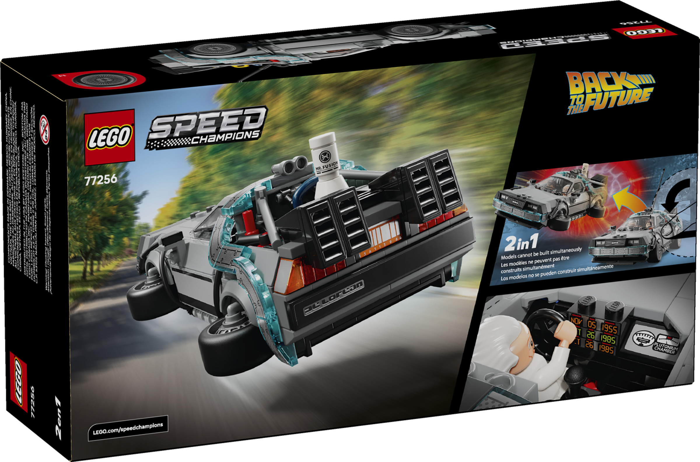 LEGO Speed Champions Set 77256 zeigt den Back to the Future DeLorean, der über einer Straße schwebt.