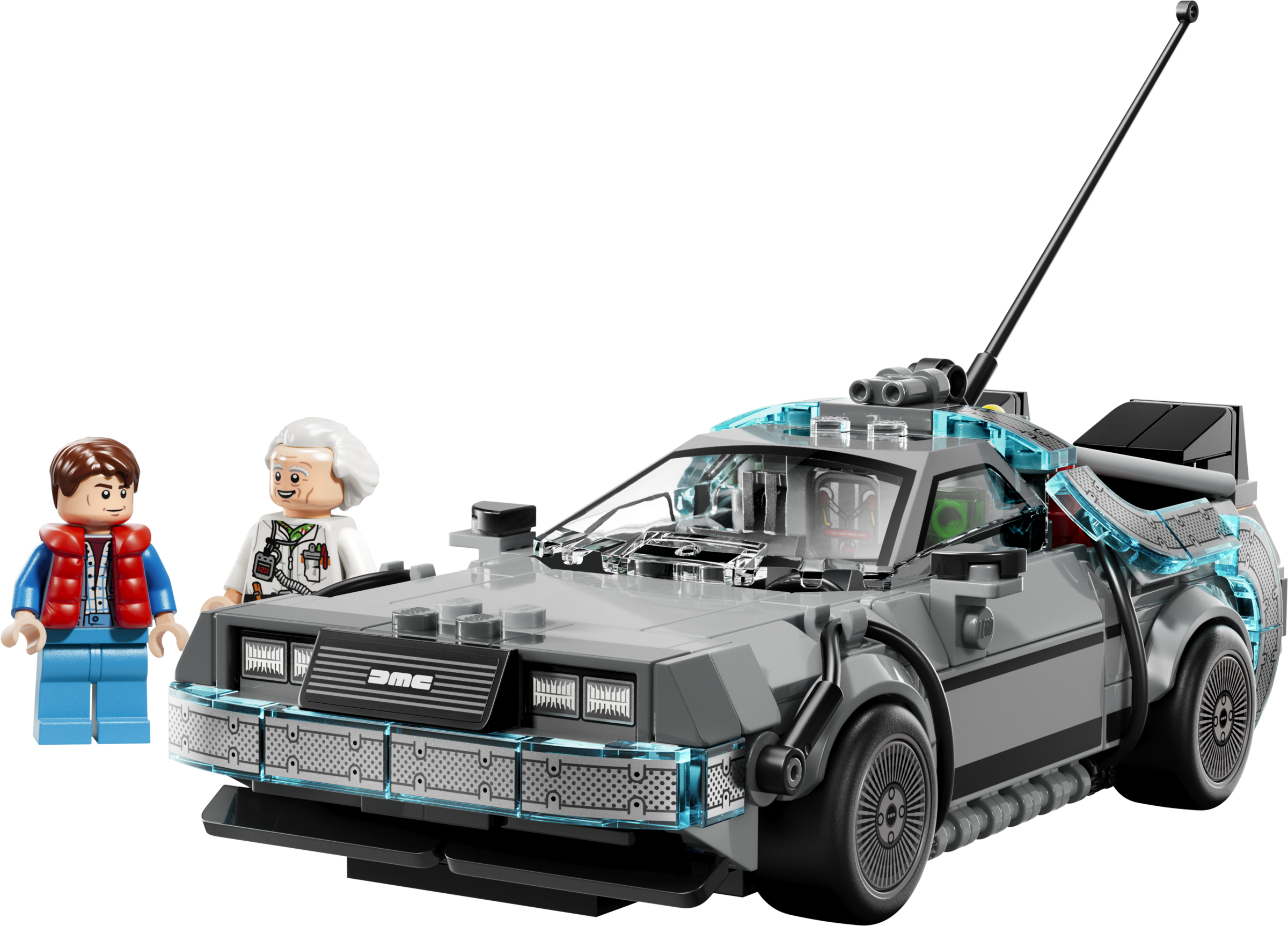 Lego-Nachbildung der DeLorean-Zeitmaschine mit Marty McFly- und Doc Brown-Minifiguren.