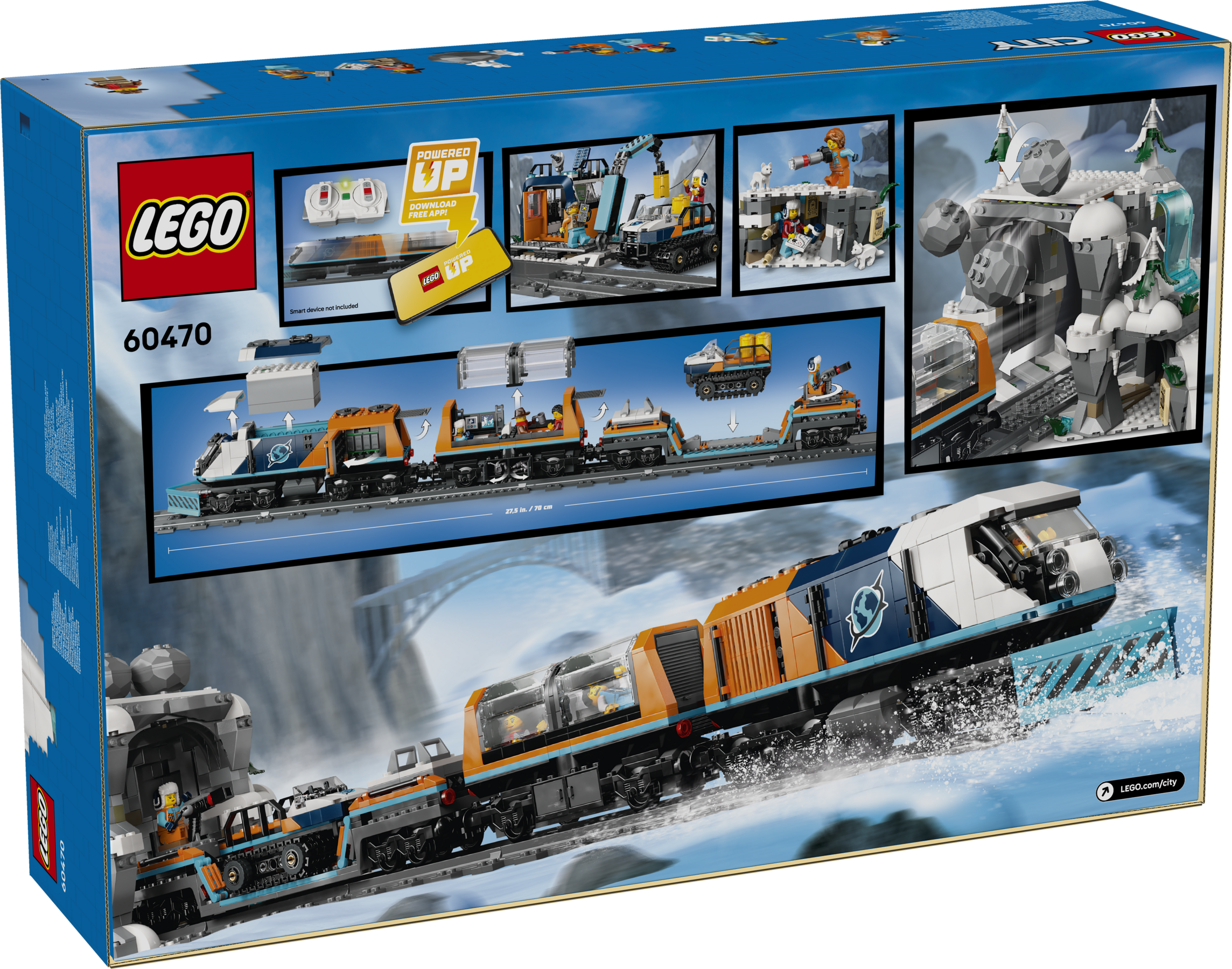 Dos de la boîte du train arctique LEGO City montrant le train sur des rails enneigés et des photos.