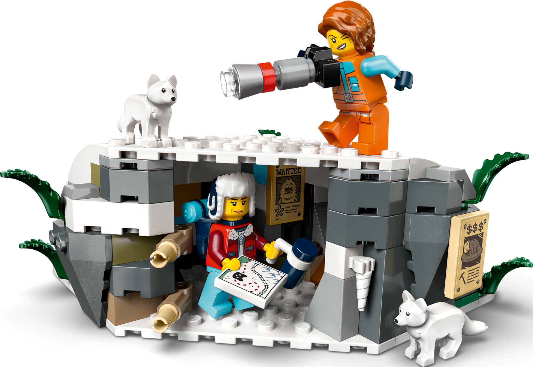 Scène d'aventure Lego dans une grotte de glace avec des figurines, des chiens et un appareil photo sur fond noir.