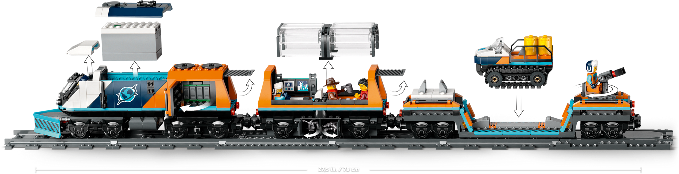 Train arctique Lego avec wagons, minifigurines et véhicule à chenilles sur rails, 70 cm.