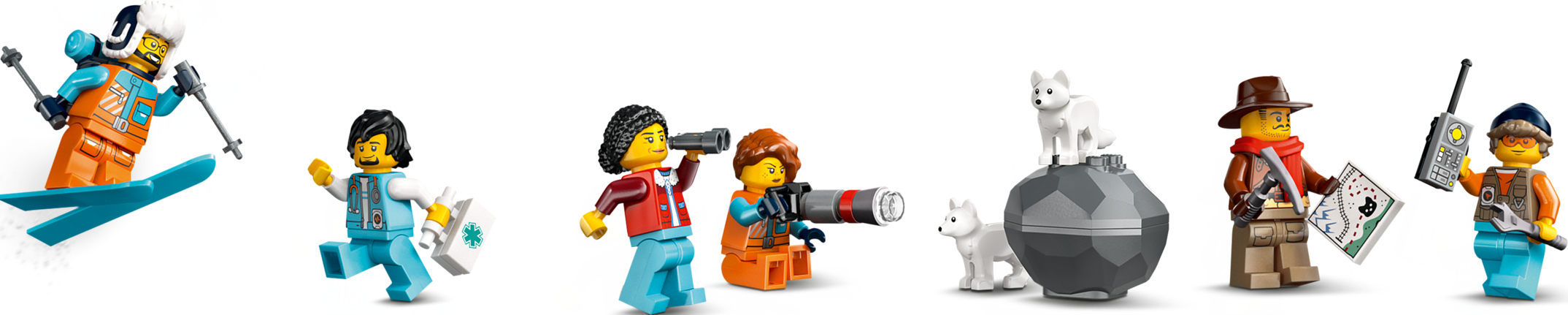 Diverses minifigures Lego avec équipement d'hiver incluant des skis, une trousse médicale, un appareil photo et des loups.