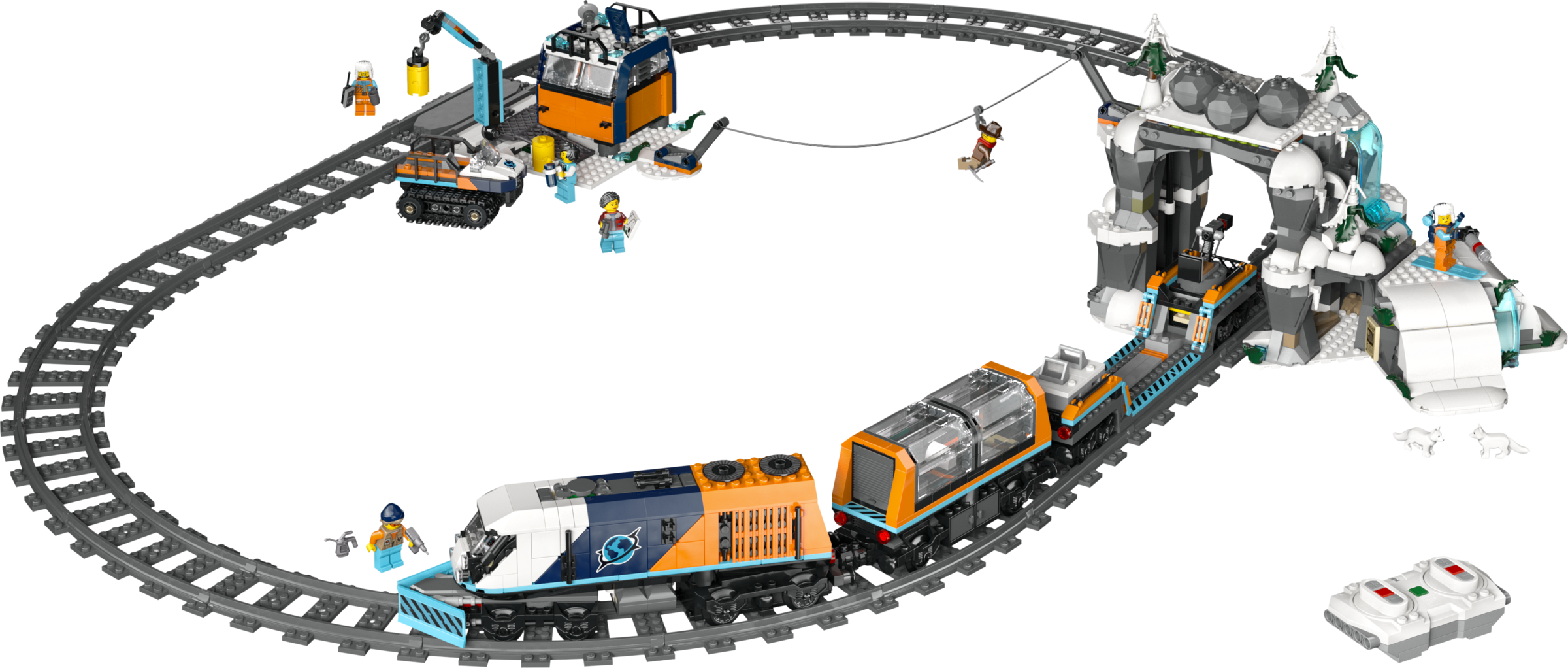Ensemble de train Lego City avec rails, grotte de neige, figurines et train télécommandé sur fond noir.