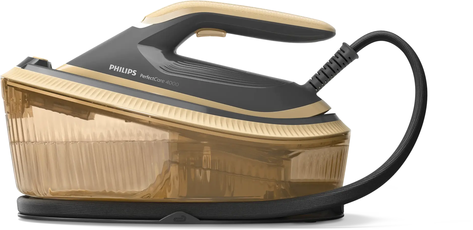 Egy szürke és arany Philips PerfectCare 4000 gőzölős vasaló víztartállyal fekete háttérrel.