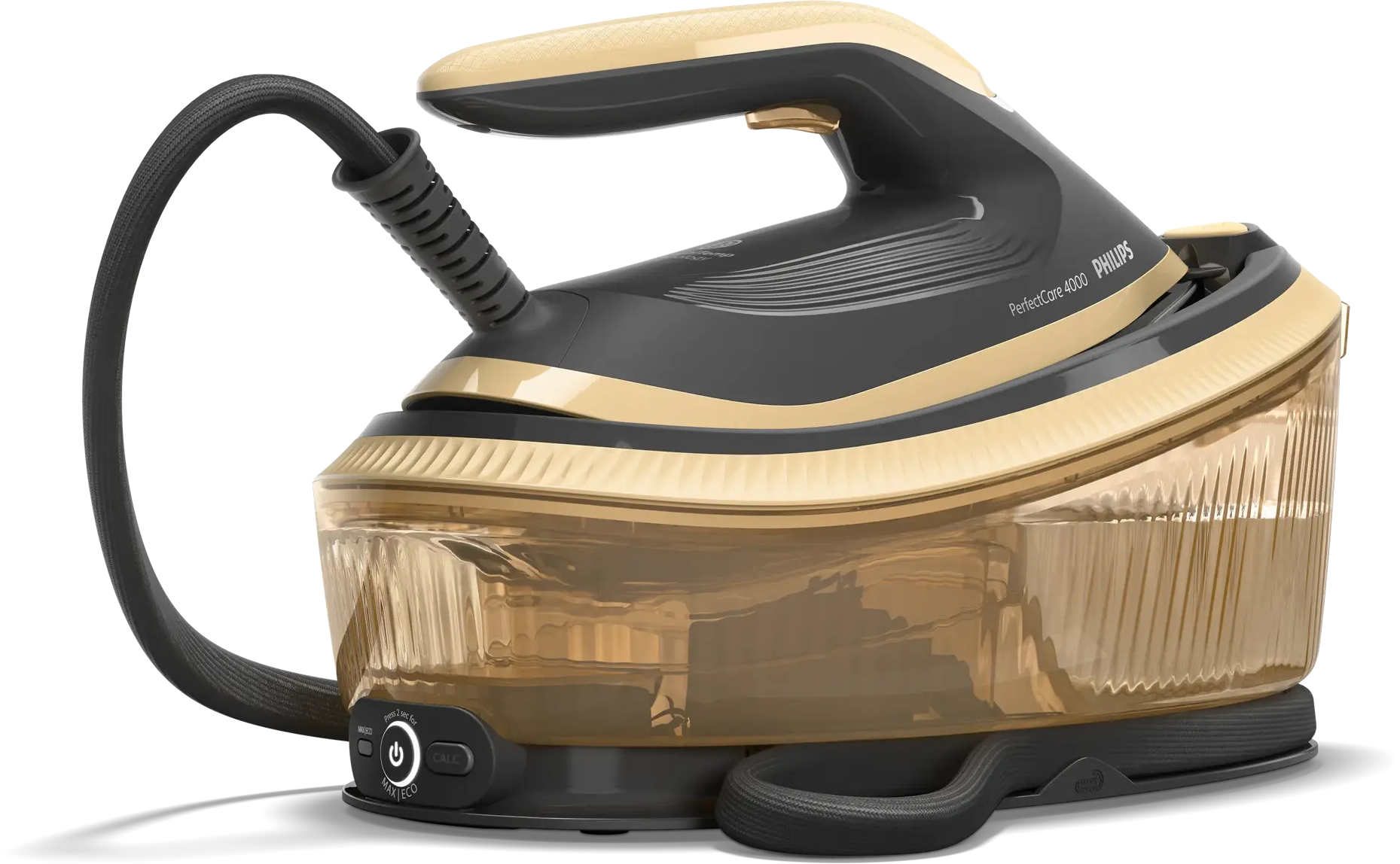 Modern Philips fekete-arany gőzölős vasaló víztartállyal.