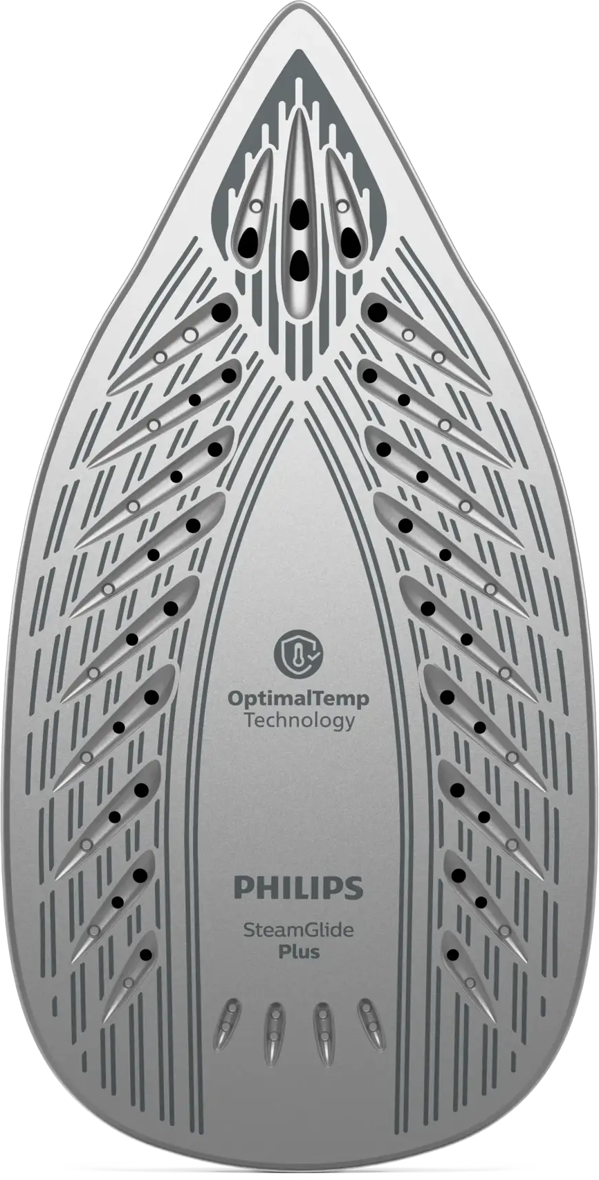 Philips vasaló talpa OptimalTemp technológiával és gőznyílásokkal fekete háttér előtt.