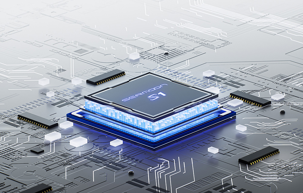 Egy megvilágított Serroon S1 processzor szürke áramköri lapon, elektronikus alkatrészekkel.