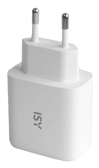 Biały zasilacz USB z dwoma bolcami i logo ISY na białym tle.