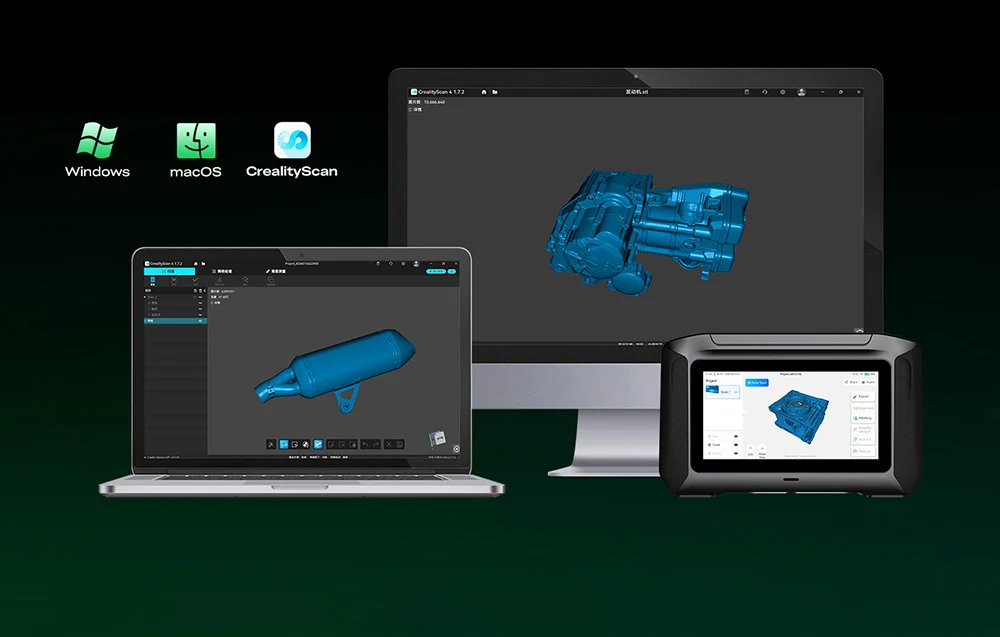 Egy számítógép, laptop és szkenner 3D modelleket jelenít meg a képernyőjén.