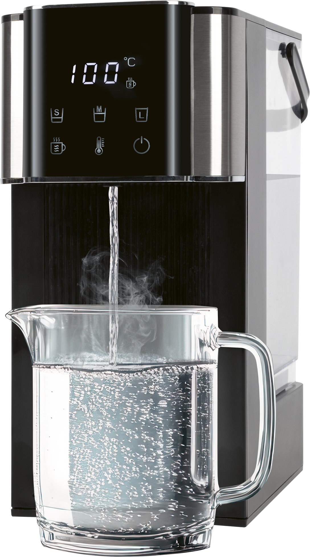Ein Wasserkocher gießt heißes Wasser und Dampf in einen Glasmessbecher.
