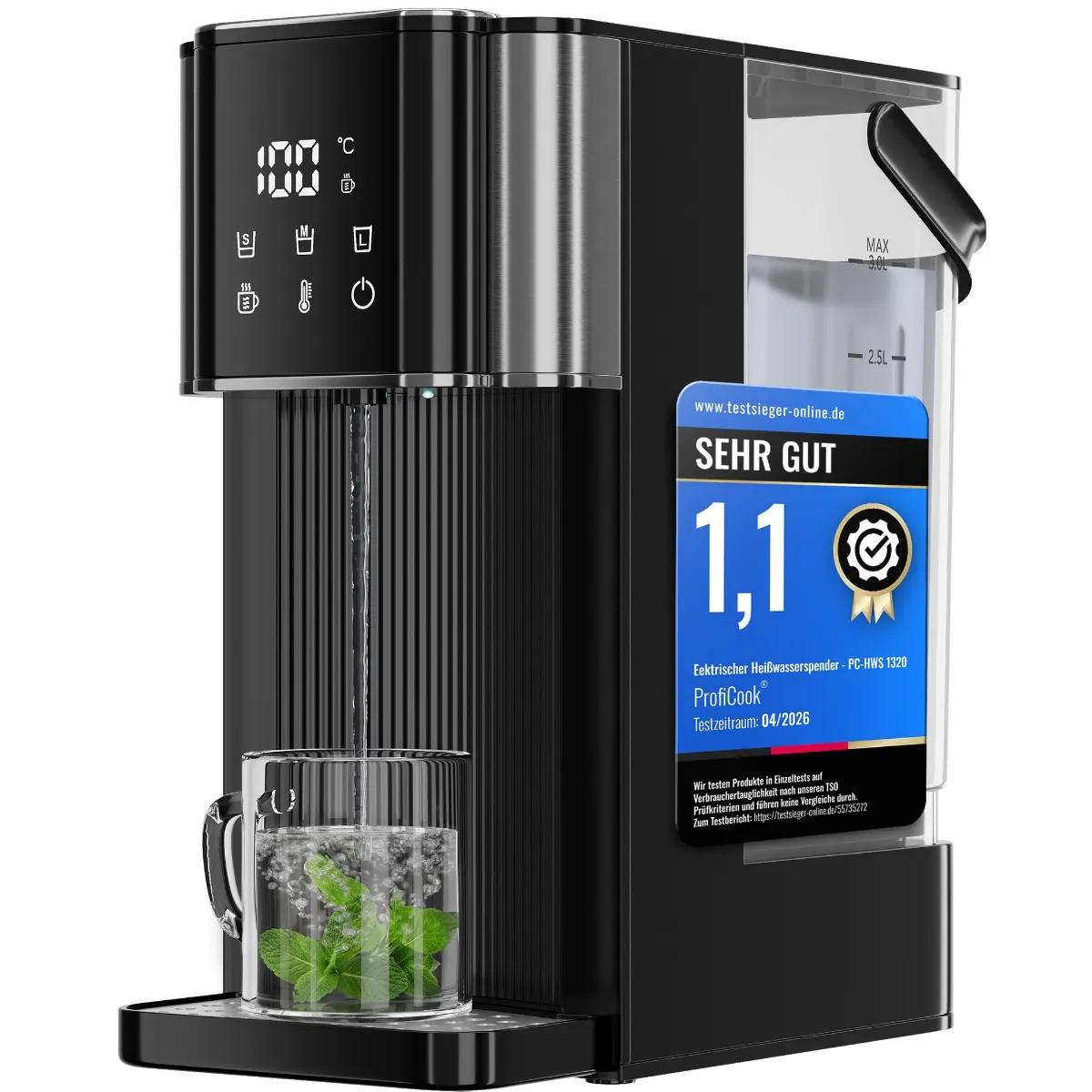 Schwarzer Heißwasserspender mit digitalem Display, Wassertank und einer Tasse mit Minze.