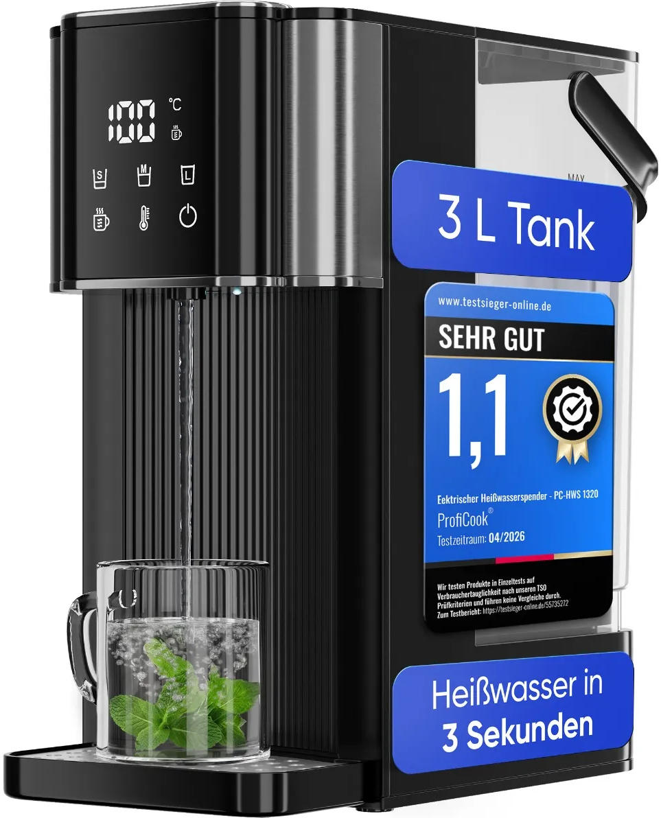 Schwarzer Heißwasserspender mit 3L-Tank, digitalem Display und einer Tasse Minzwasser.