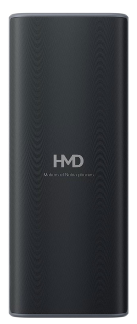 Czarny telefon komórkowy z logo HMD i napisem Makers of Nokia phones z tyłu.