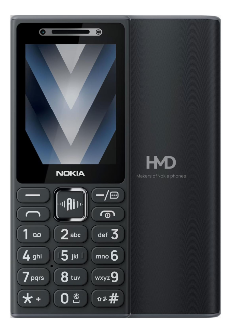 Czarny telefon komórkowy Nokia z ekranem i klawiaturą fizyczną, obok widok z tyłu z logo HMD.