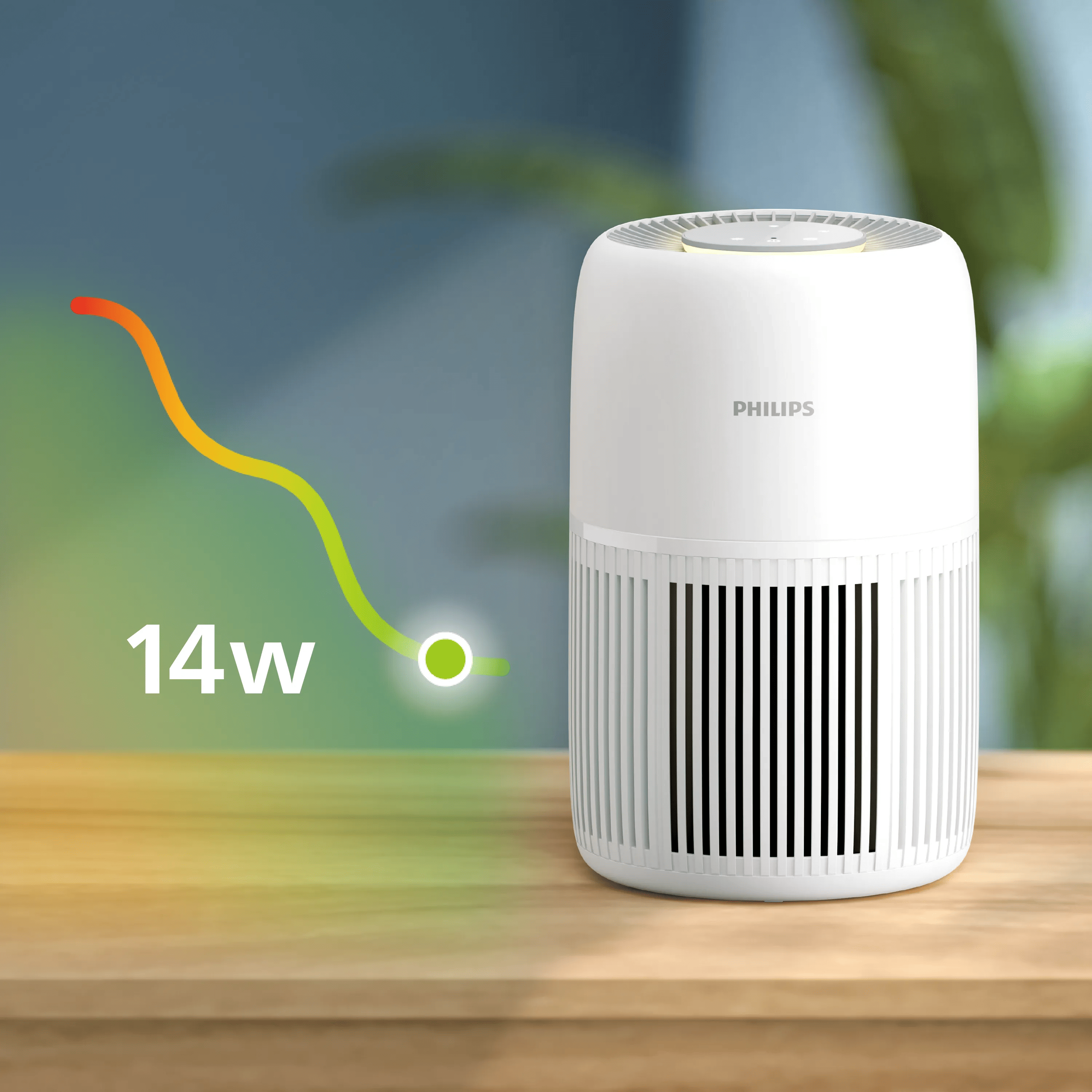 Ein weißer Philips-Luftreiniger steht auf einem Tisch mit einem abnehmenden Diagramm und der Anzeige 14w.