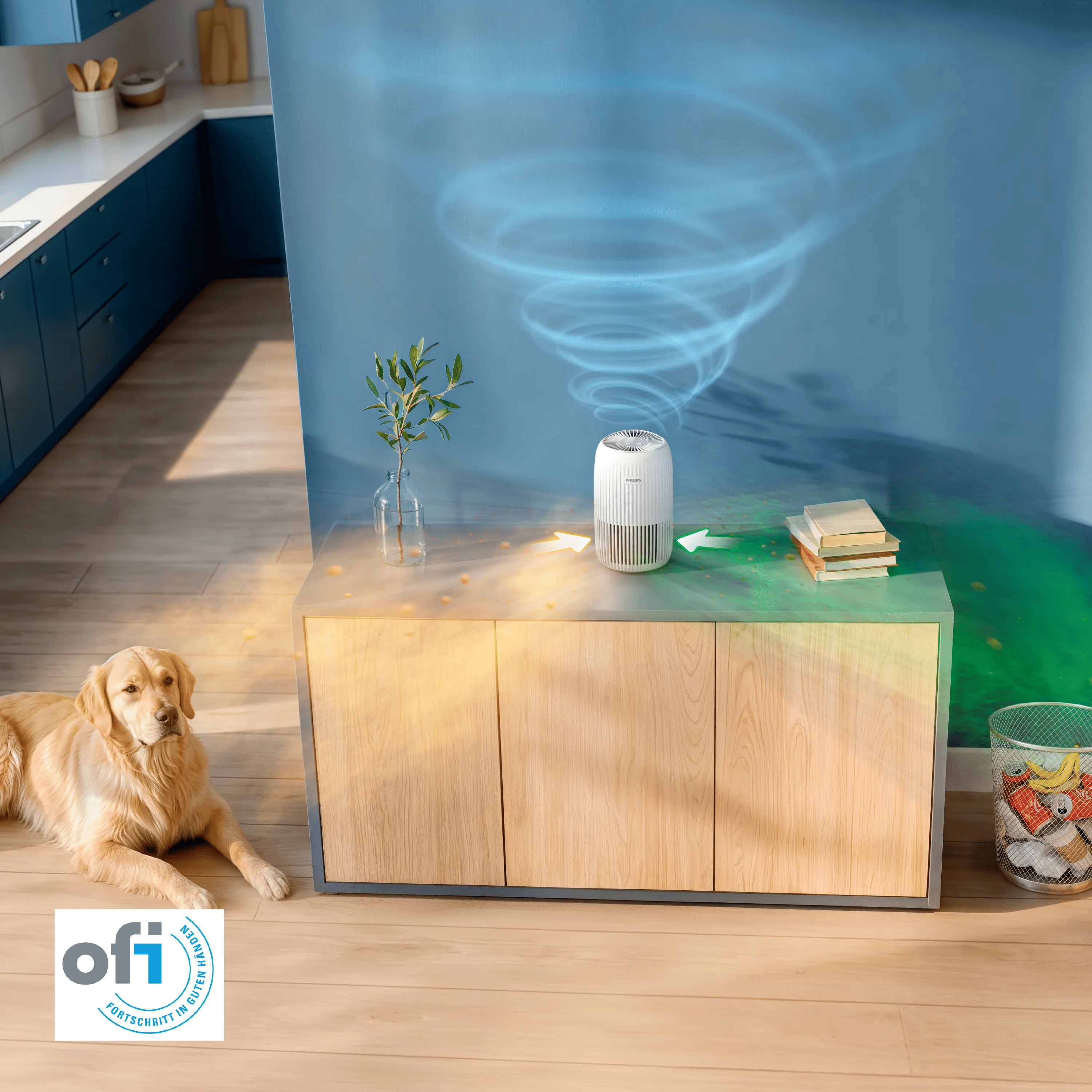 Ein weißer Luftreiniger reinigt Staub auf einem Schrank, während ein Golden Retriever auf dem Boden liegt.
