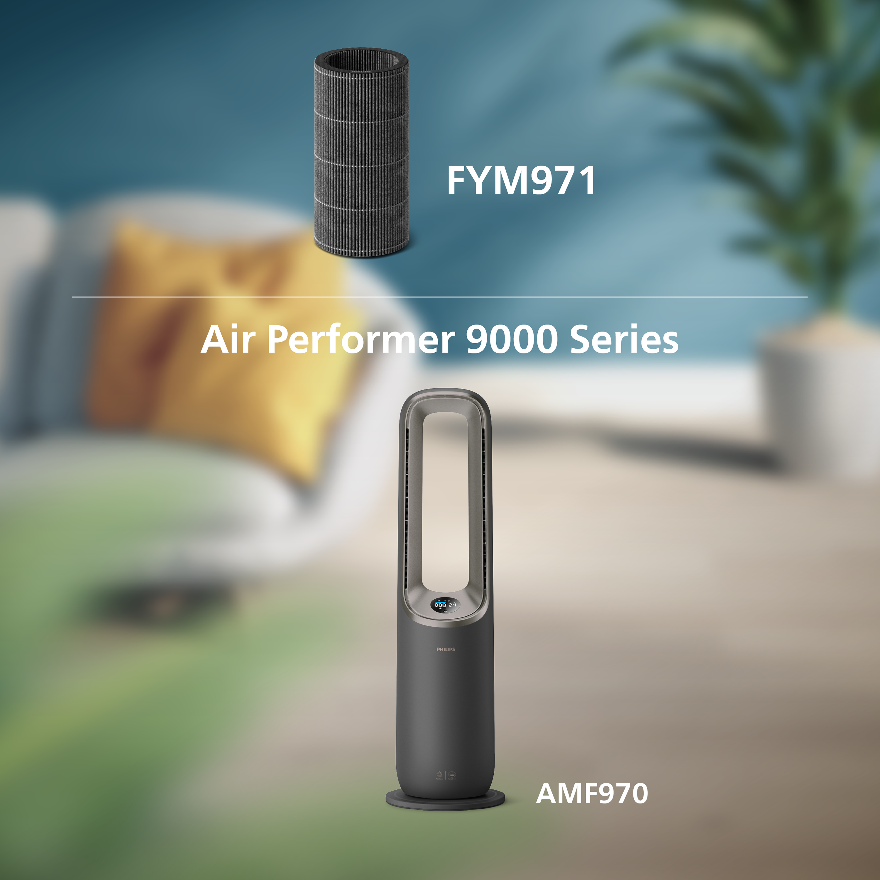 Philips Air Performer 9000 Series Turmventilator und Filter mit Text im Wohnzimmer.