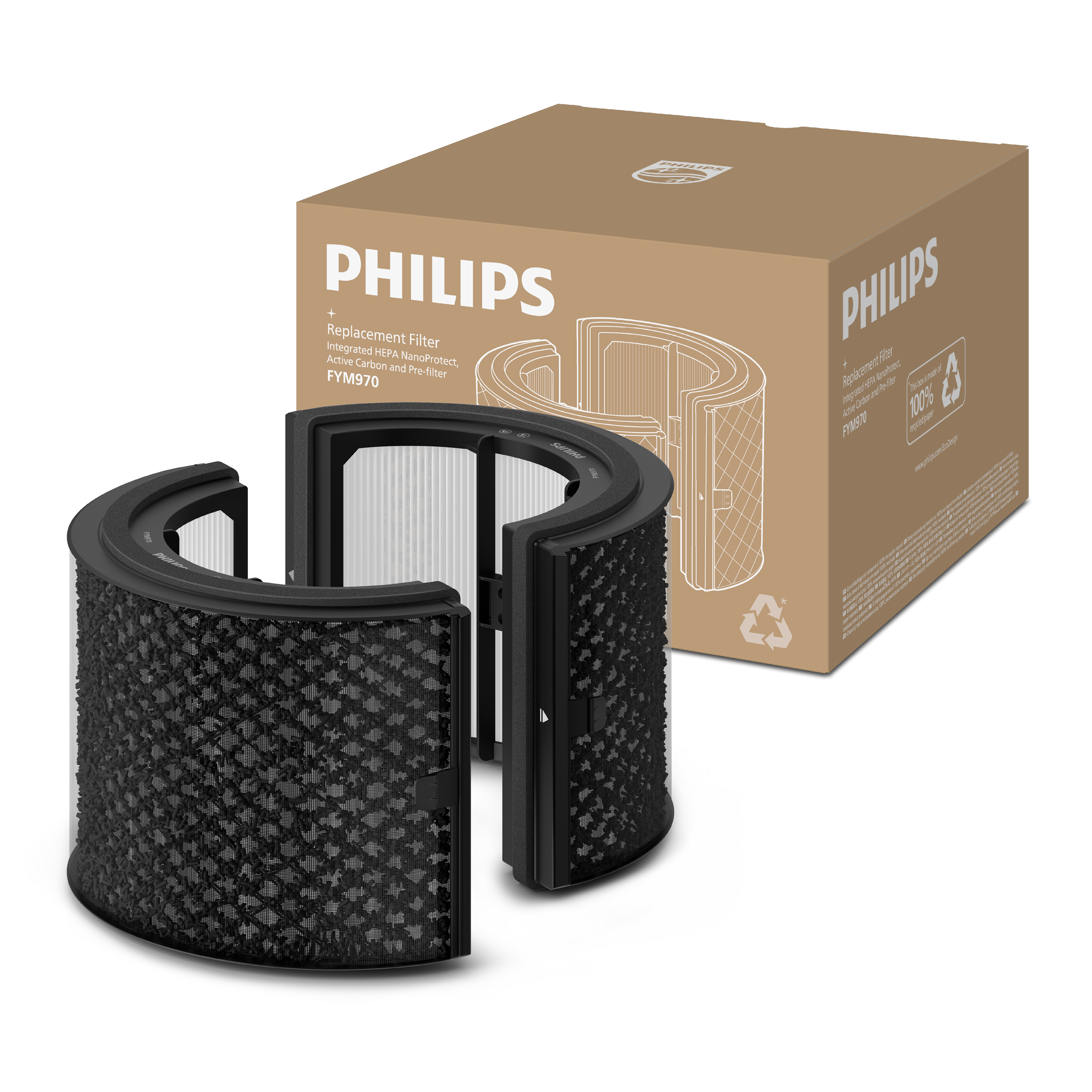 Zweiteiliger schwarzer Philips Ersatzfilter vor einer braunen Philips Produktverpackung.