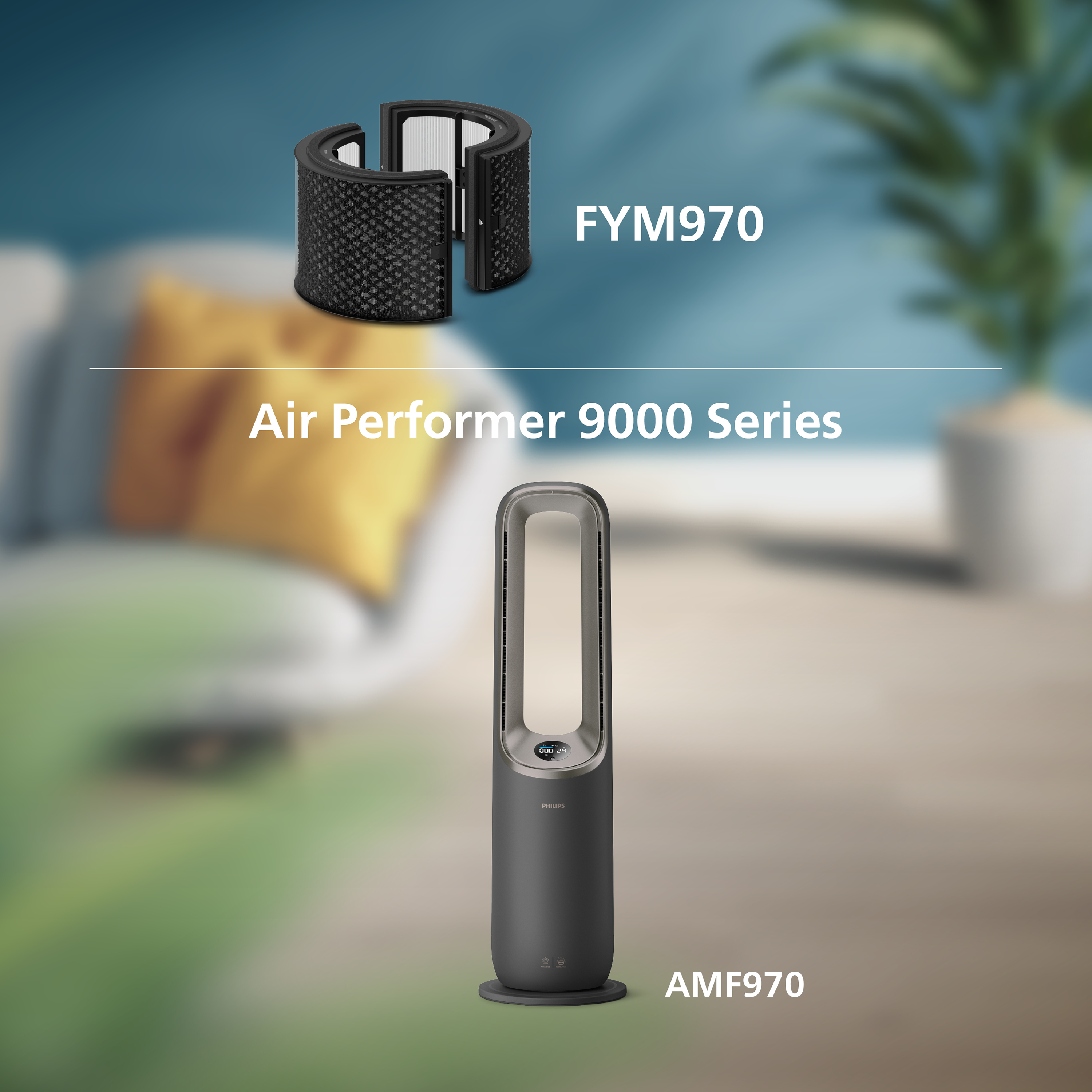 Air Performer 9000 Serie mit Filter FYM970 und Gerät AMF970 im Wohnzimmer.