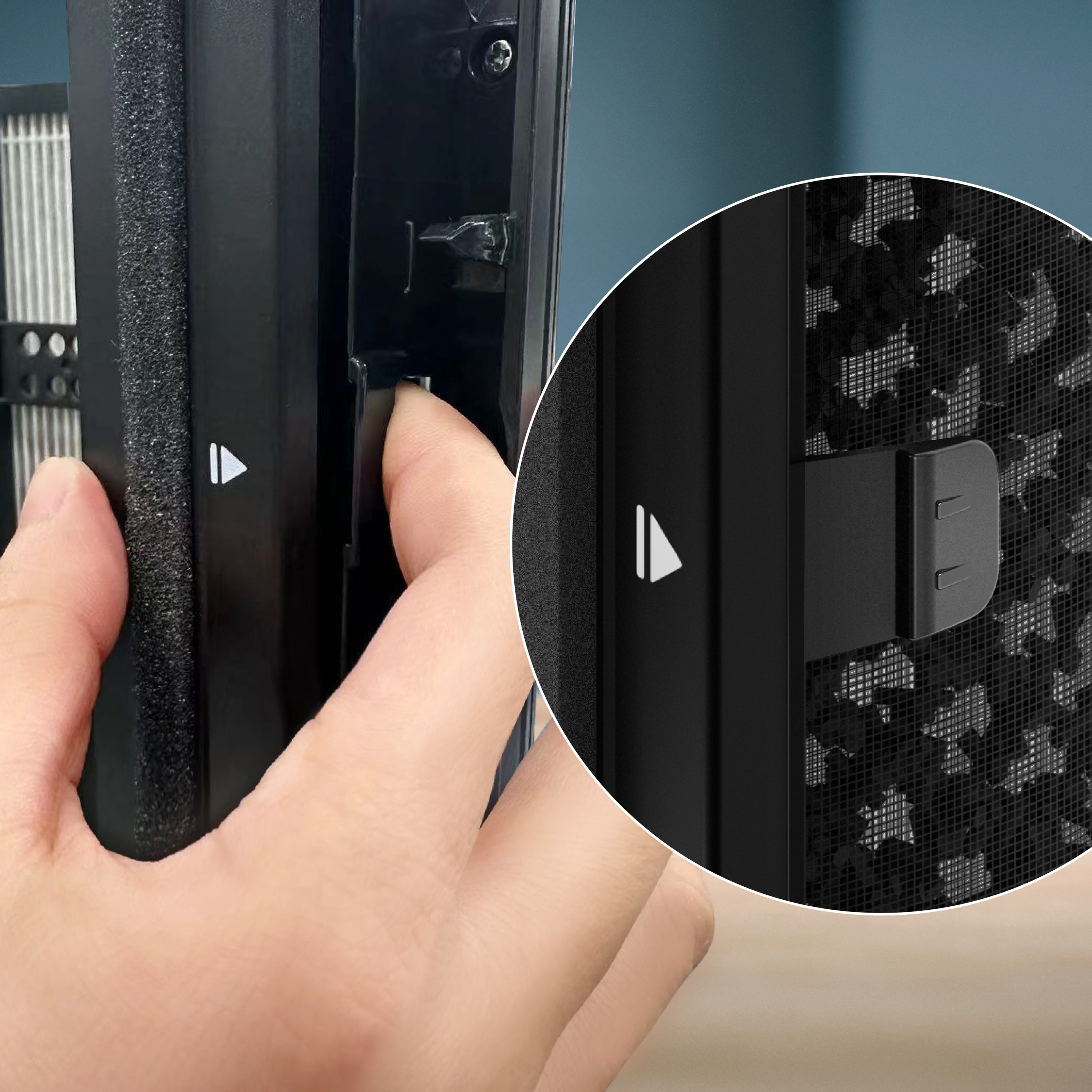 Eine Hand öffnet die schwarze Plastikeinheit. Eine vergrößerte Ansicht zeigt das feine schwarze Netz mit einem Clip.
