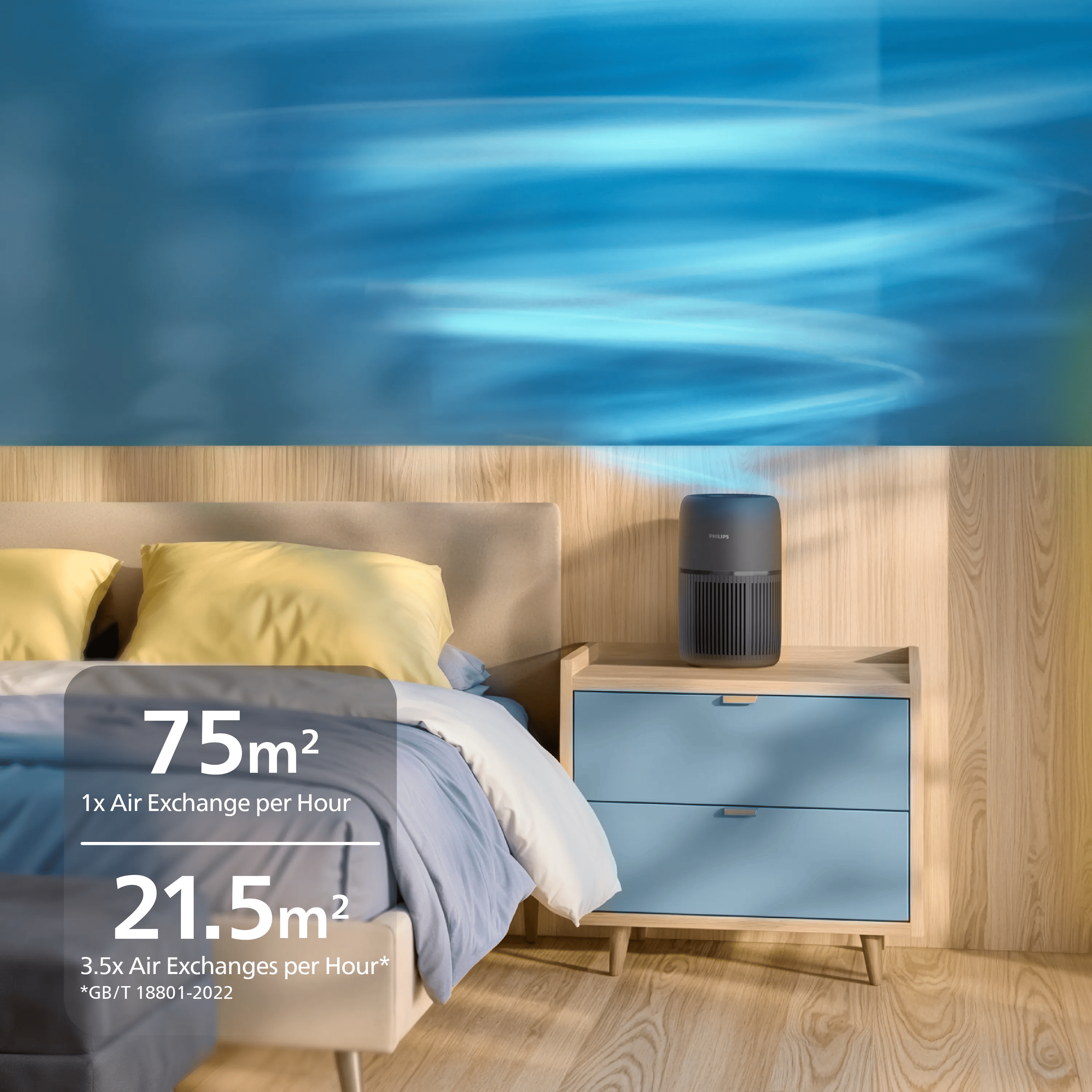 Ein blauer Luftreiniger auf einem Nachttisch neben einem Bett, mit einer blauen Luftströmungsgrafik im Hintergrund.