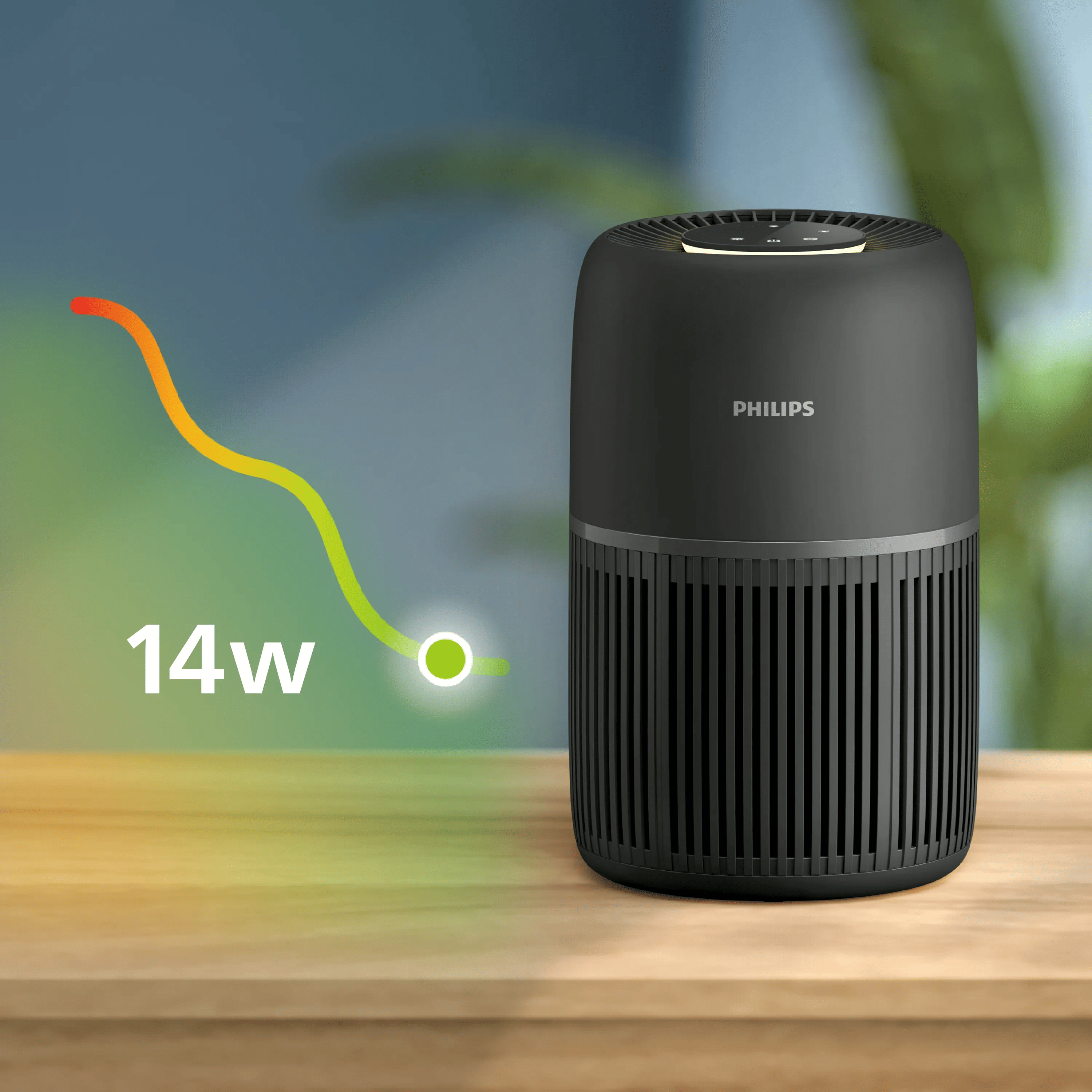 Schwarzer Philips Luftreiniger auf einem Holztisch mit einer Grafik, die 14w anzeigt.