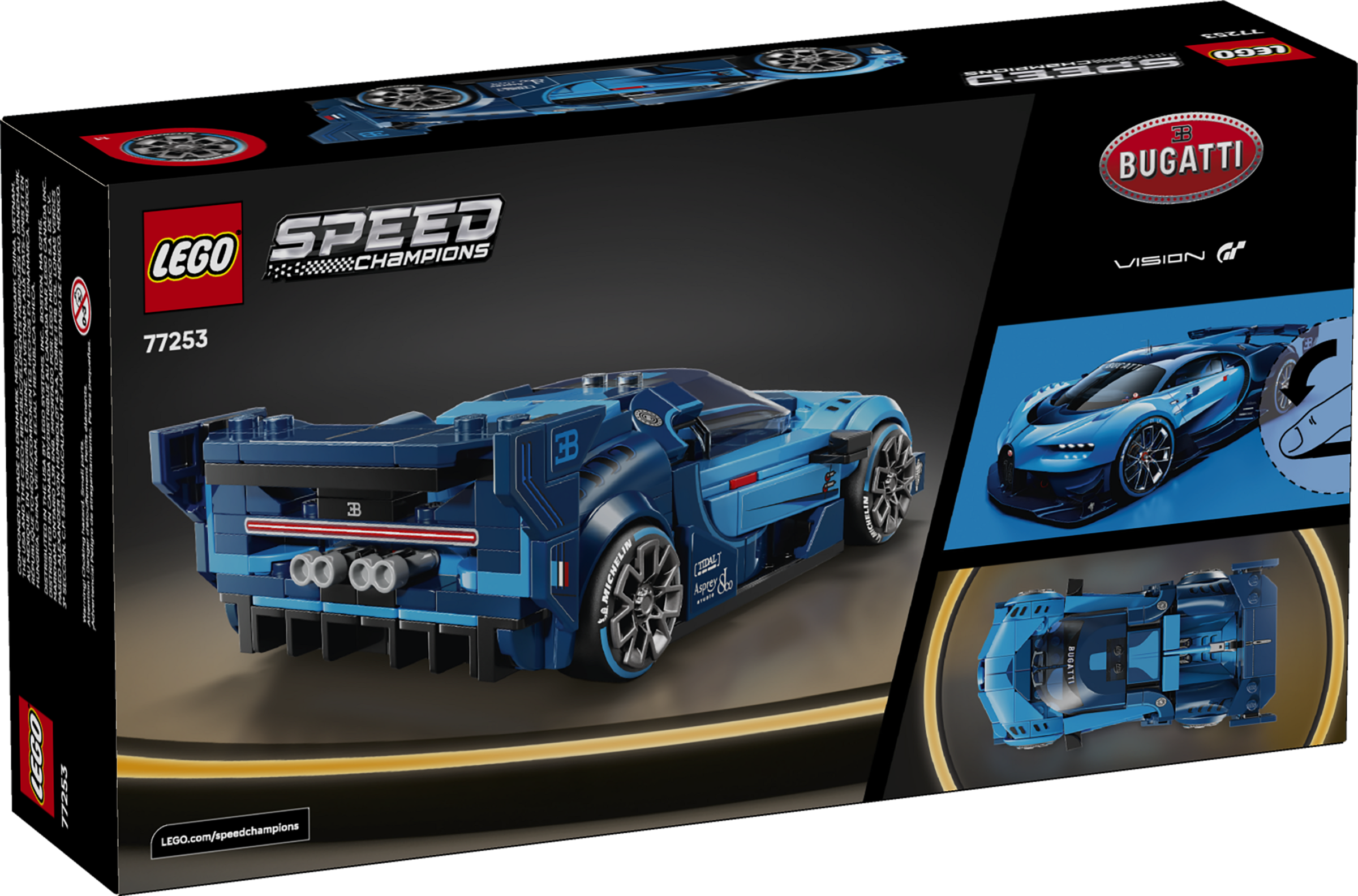 Boîte Lego Speed Champions Bugatti Vision GT avec une voiture de course bleue, vues avant et du dessus.
