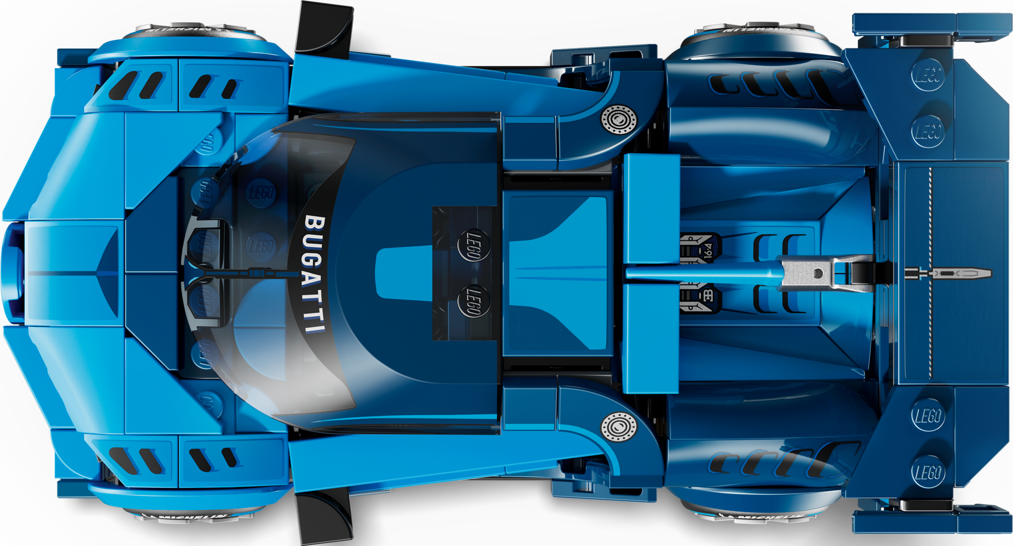 Vue de dessus d'une maquette de voiture LEGO Bugatti bleue sur fond noir.