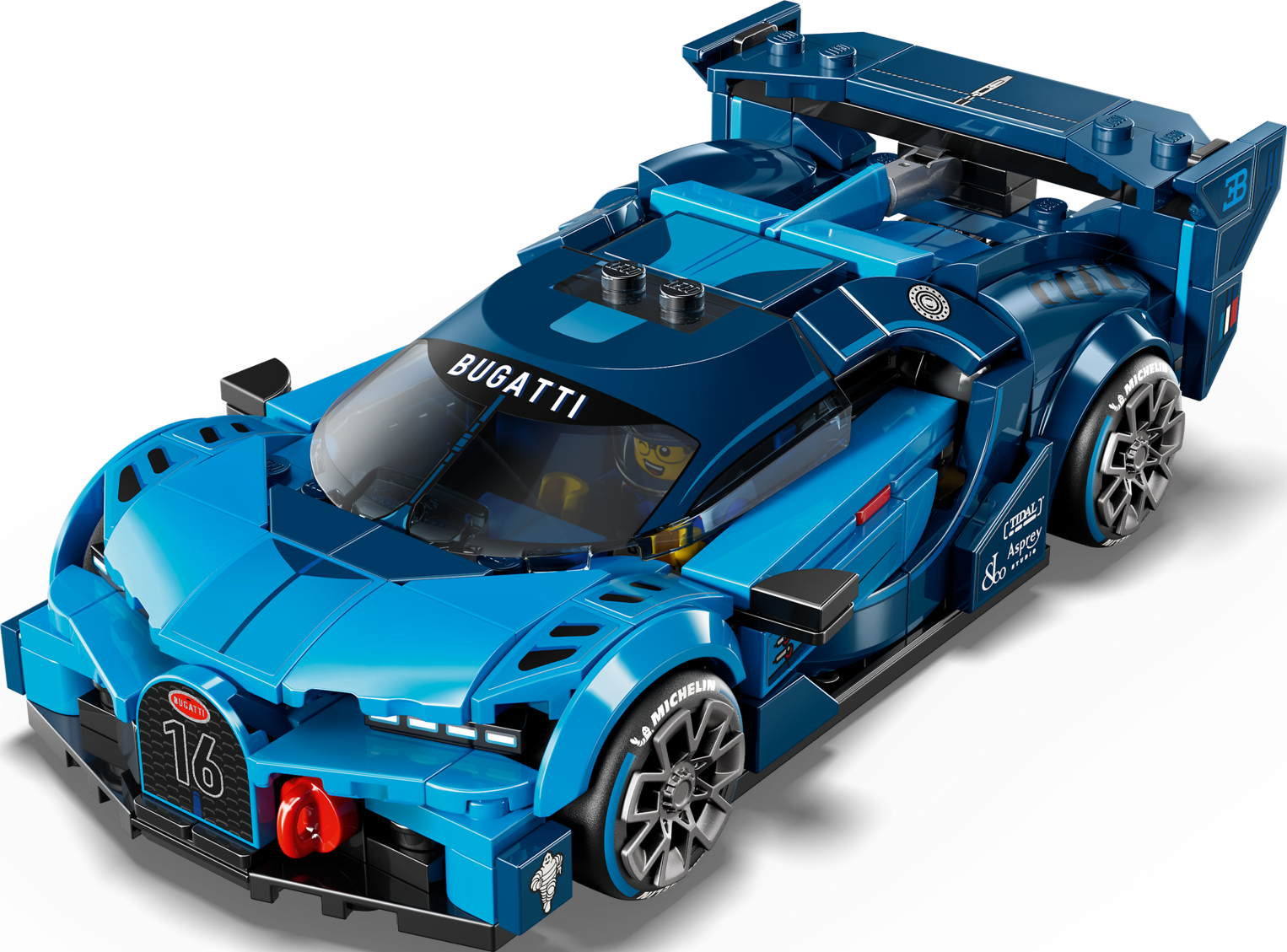 Un modèle de voiture de course Lego Bugatti bleue sur fond noir avec des détails visibles.