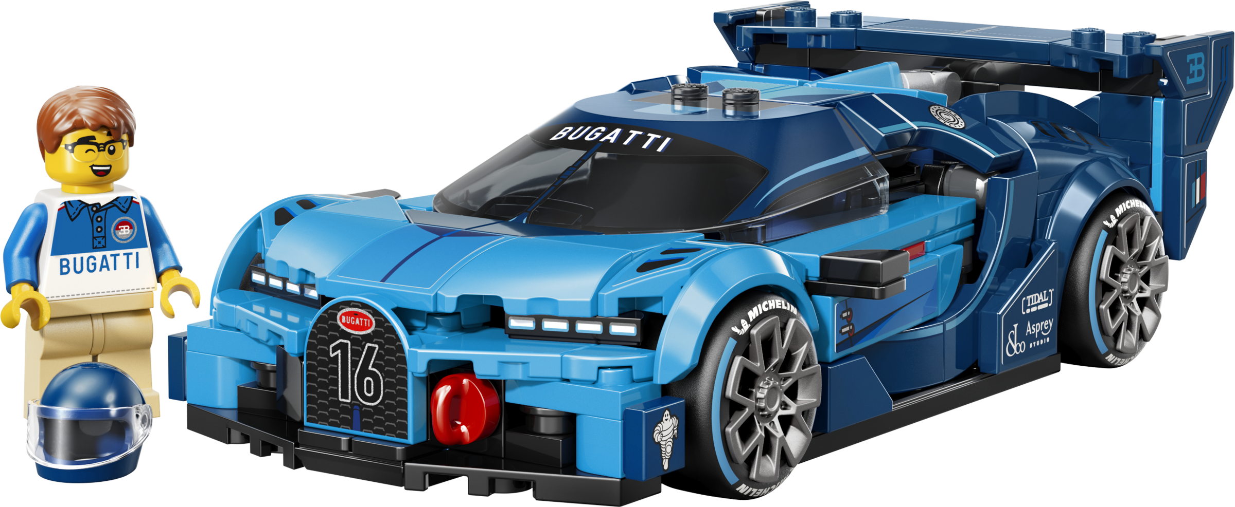 Une voiture de course Lego Bugatti bleue avec une figurine Bugatti et un casque bleu à côté sur fond noir.