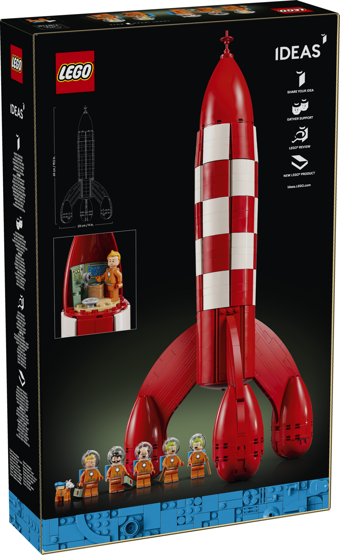 Boîte Lego Ideas montrant un modèle de fusée rouge et blanche avec des figurines et un astronaute.
